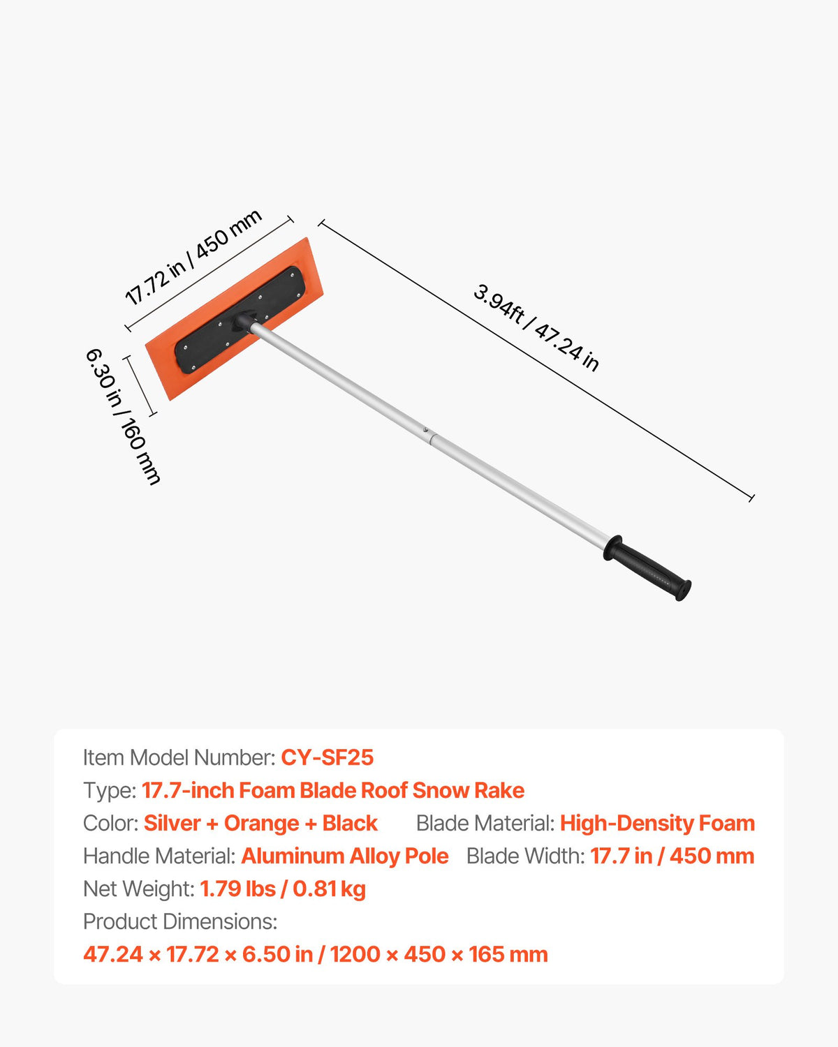 VEVOR Snow Roof Rake, 1.2m Long Reach Car Roof Snow Scraper, 45cm Foam Blade for No Scratches, Non-Slip Handle, Lightweight Snows Removal Tool for Vehicle Garage Rooftop Leaves Debris Clearing