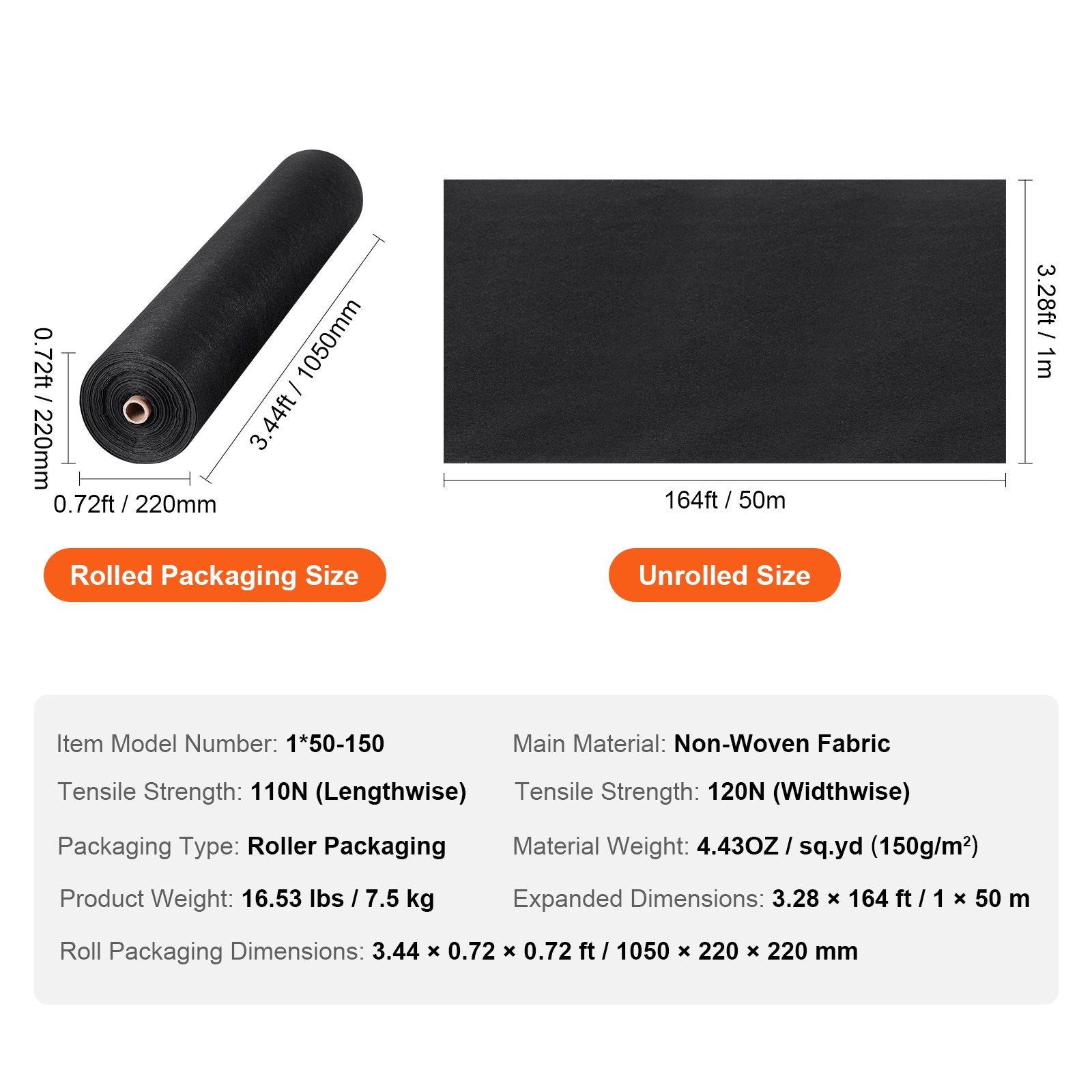 VEVOR Driveway Fabric, 1*50m Non Woven Geotextile Fabric, Heavy Duty Garden Weed Barrier Fabric, 4.43OZ Landscape Fabric, French Drains Drainage Fabric, Ground Cover Weed Control Fabric,3.28 x 164 ft