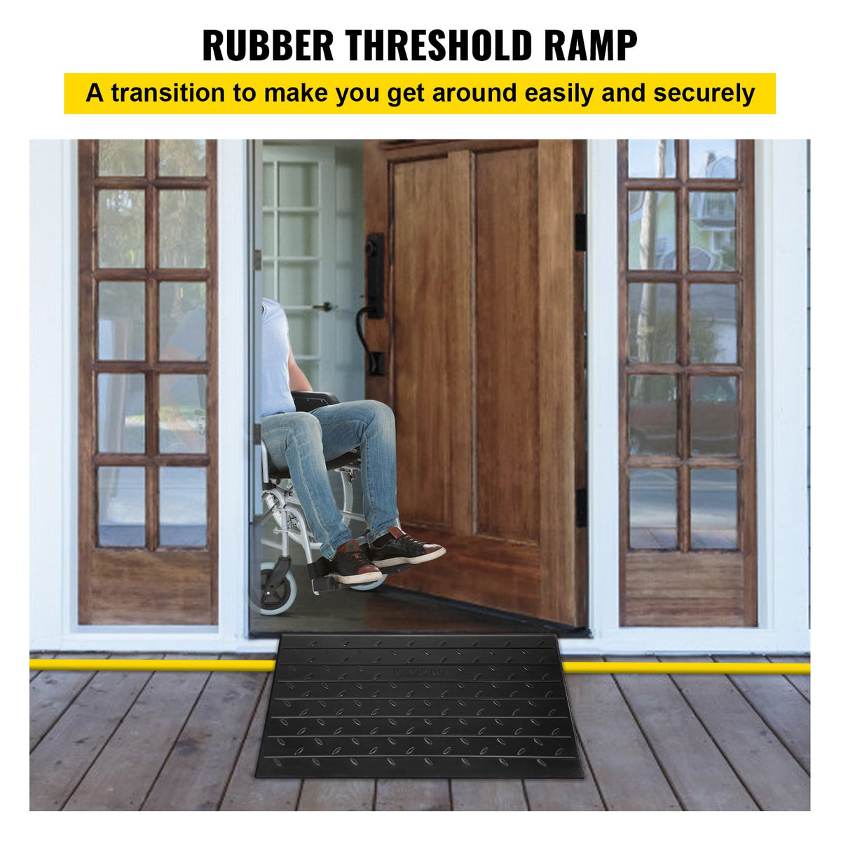 VEVOR Rubber Threshold Ramp, 7.62 cm Rise Threshold Ramp Doorway, 3 Channels Cord Cover Rubber Solid Threshold Ramp, Rubber Angled Entry Rated 997.9 kg Load Capacity for Wheelchair and Scooter