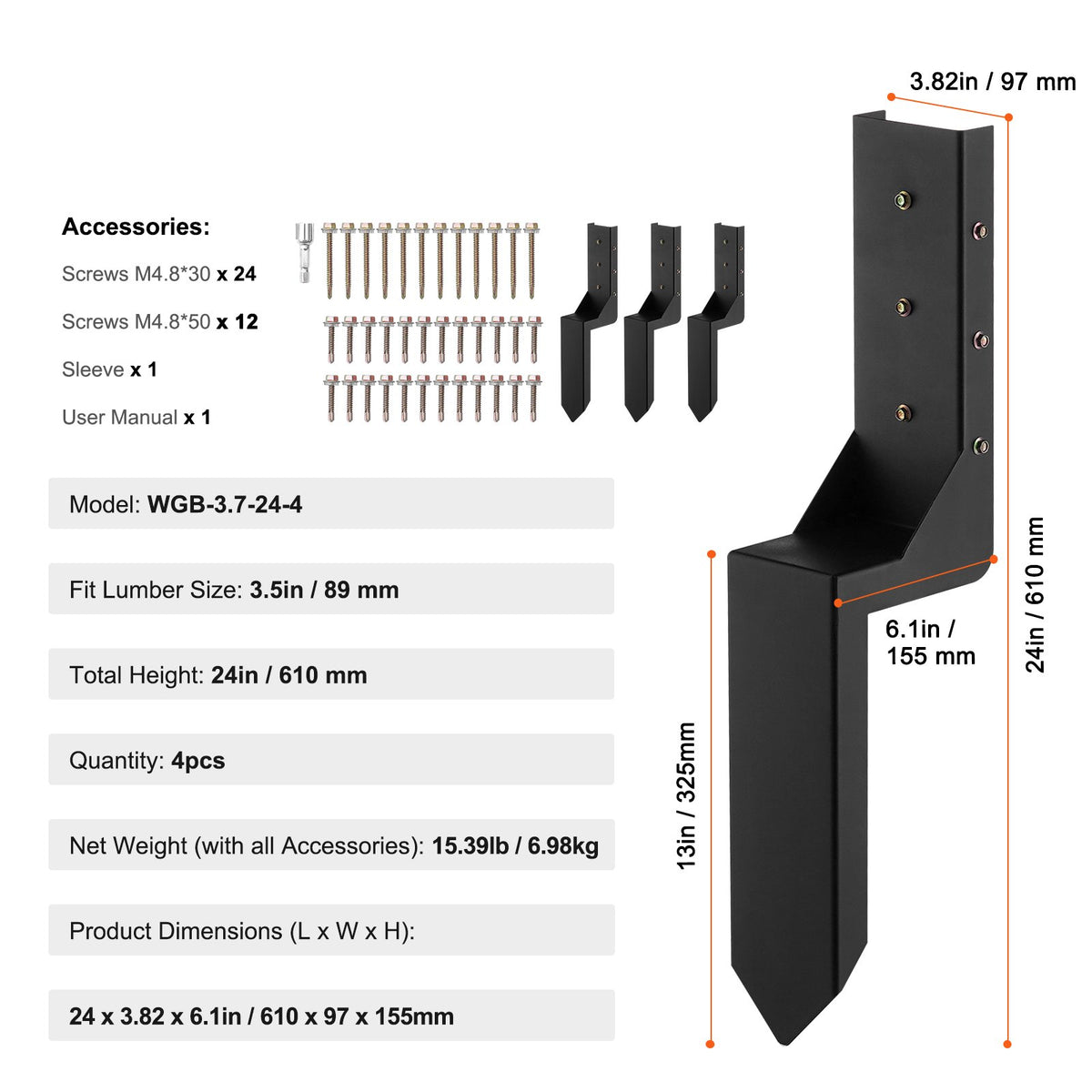 VEVOR Fence Post Anchor Repair Kit, 4 Pack Inner Diameter 8.9x8.9 cm Heavy Duty Steel Fence Post Support Stakes, Anchor Ground Spike for Repair Tilted, Broken Wood Fence Post, Enveloping