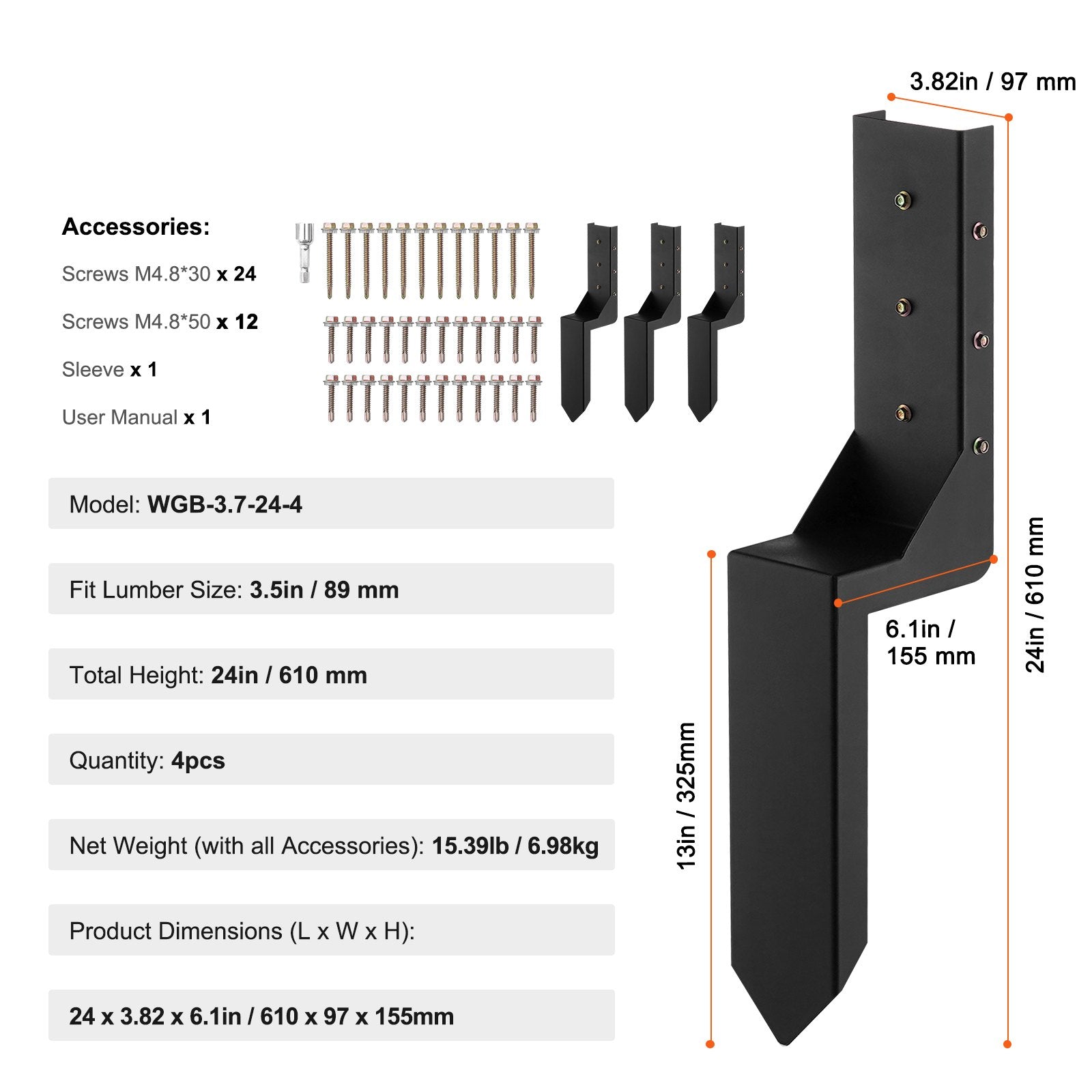 VEVOR Fence Post Anchor Repair Kit, 4 Pack Inner Diameter 8.9x8.9 cm Heavy Duty Steel Fence Post Support Stakes, Anchor Ground Spike for Repair Tilted, Broken Wood Fence Post, Enveloping