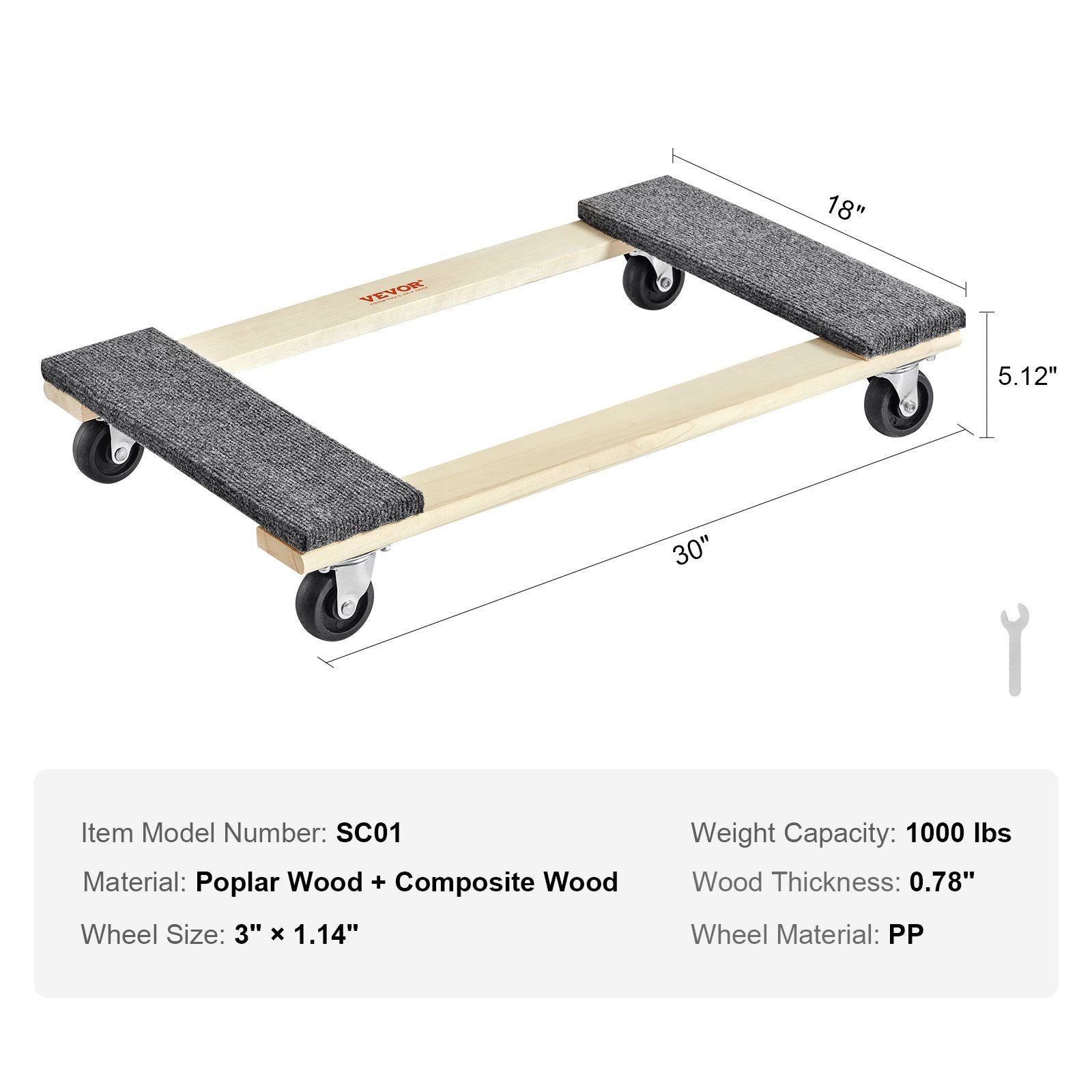 Furniture Dolly, 454kg Load Capacity, 457.2x762mm, 4x76mm PP Swivel Casters, Heavy Duty Hardwood Furniture Moving Dolly, Mover's Dolly, Moving Cart with Wheels for Heavy Furniture Home Cleaning