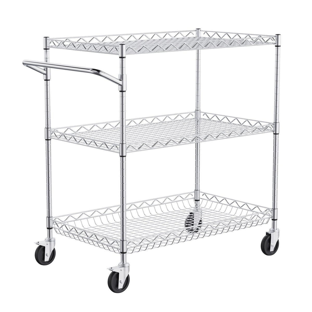 Kitchen Utility Cart, 3 Tiers, Wire Rolling Cart with 300kg Capacity, Steel Service Cart on Wheels, Metal Storage Trolley with 80mm Deep Basket Curved Handle 6 Hooks, for Indoor and Outdoor Use