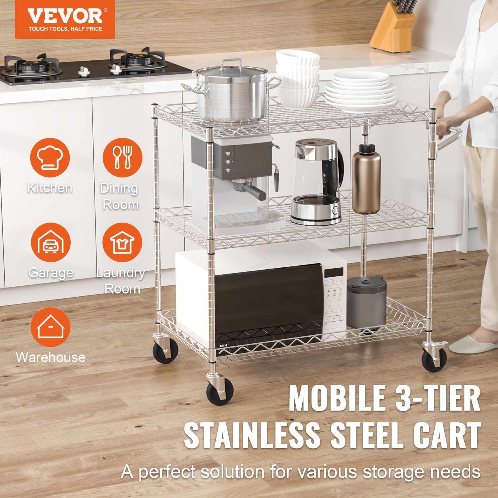 Kitchen Utility Cart, 3 Tiers, Wire Rolling Cart with 300kg Capacity, Steel Service Cart on Wheels, Metal Storage Trolley with 80mm Deep Basket Curved Handle 6 Hooks, for Indoor and Outdoor Use
