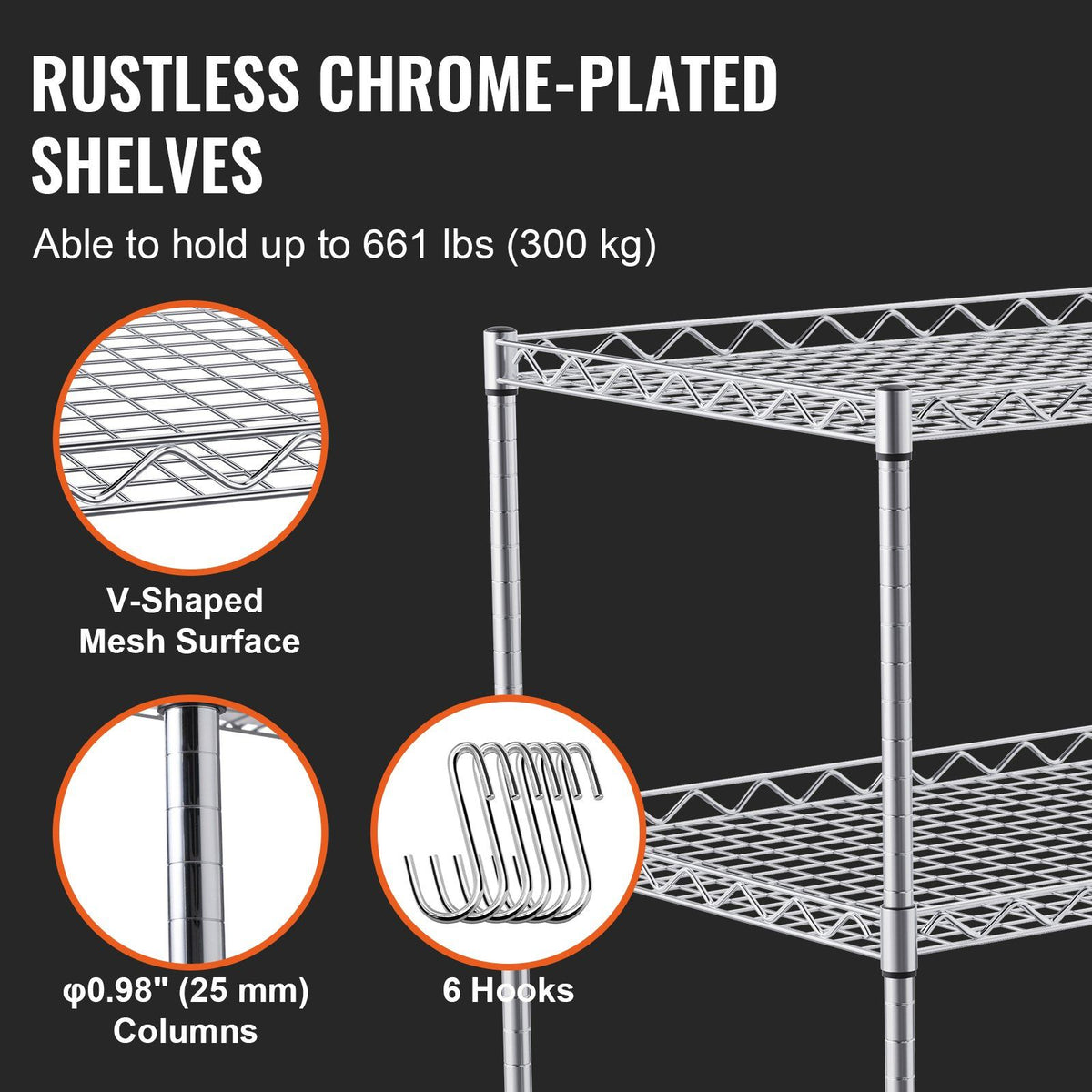 Kitchen Utility Cart, 3 Tiers, Wire Rolling Cart with 300kg Capacity, Steel Service Cart on Wheels, Metal Storage Trolley with 80mm Deep Basket Curved Handle 6 Hooks, for Indoor and Outdoor Use
