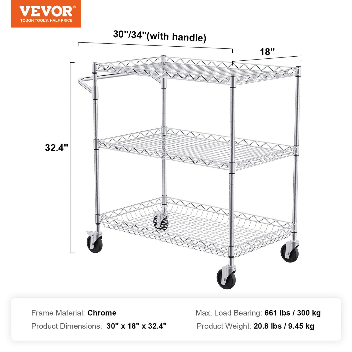 Kitchen Utility Cart, 3 Tiers, Wire Rolling Cart with 300kg Capacity, Steel Service Cart on Wheels, Metal Storage Trolley with 80mm Deep Basket Curved Handle 6 Hooks, for Indoor and Outdoor Use