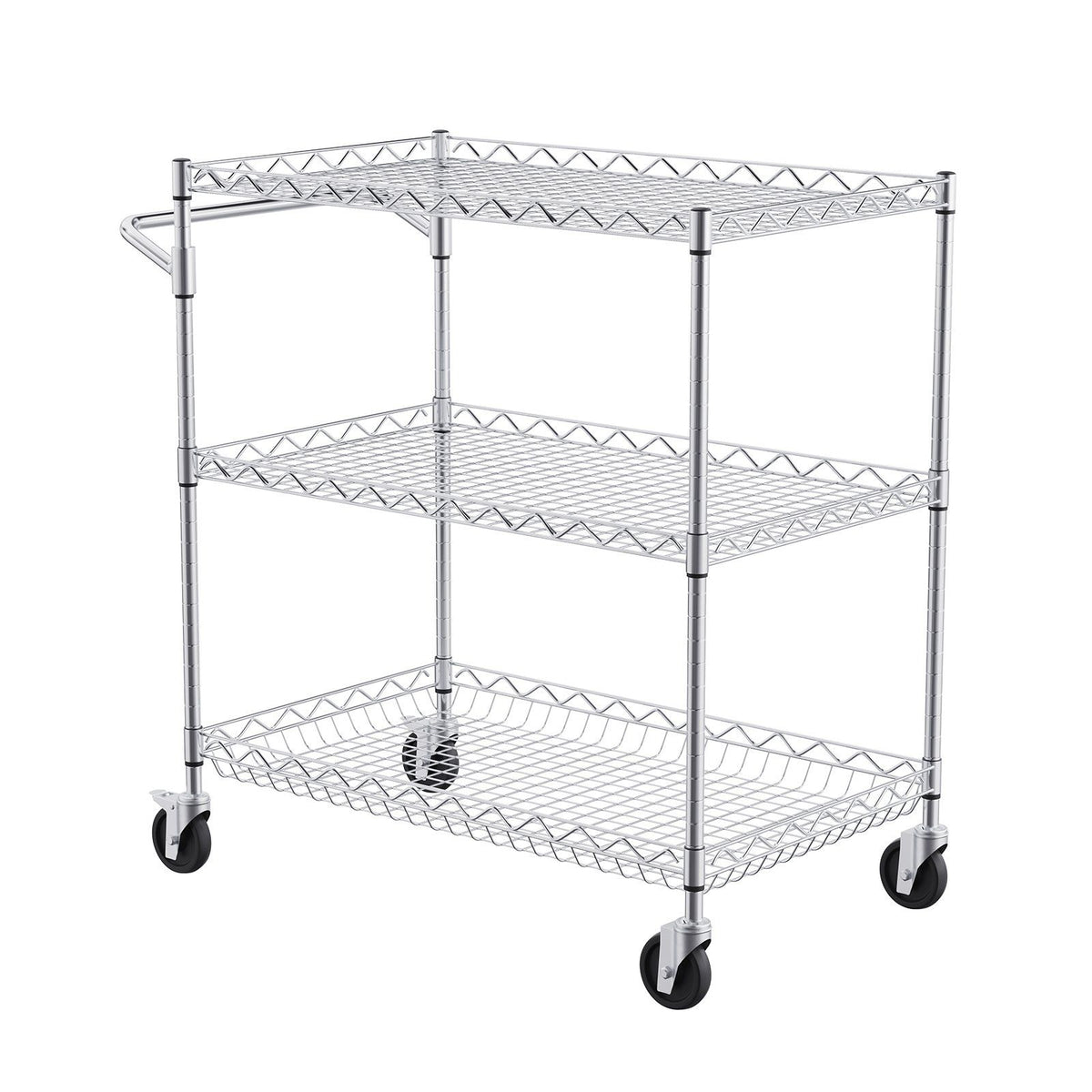 Kitchen Utility Cart, 3 Tiers, Wire Rolling Cart with 300kg Capacity, Steel Service Cart on Wheels, Metal Storage Trolley with 80mm Deep Basket Curved Handle 6 Hooks, for Indoor and Outdoor Use
