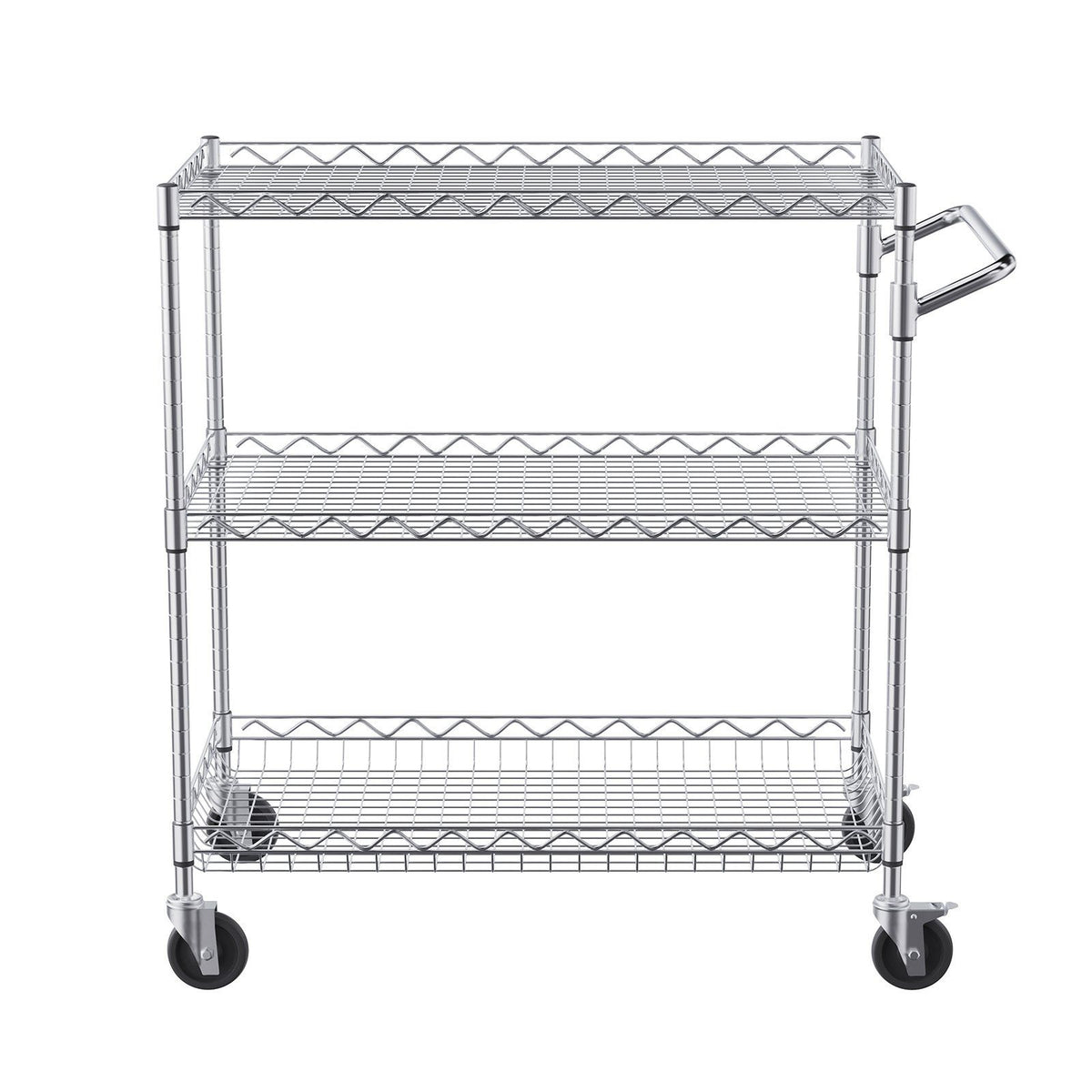 Kitchen Utility Cart, 3 Tiers, Wire Rolling Cart with 300kg Capacity, Steel Service Cart on Wheels, Metal Storage Trolley with 80mm Deep Basket Curved Handle 6 Hooks, for Indoor and Outdoor Use