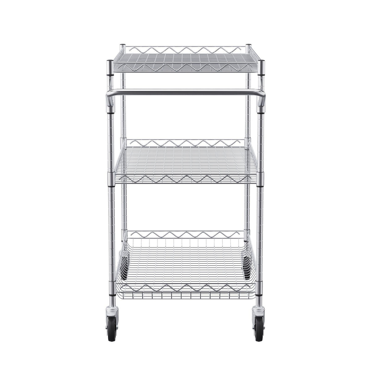 Kitchen Utility Cart, 3 Tiers, Wire Rolling Cart with 300kg Capacity, Steel Service Cart on Wheels, Metal Storage Trolley with 80mm Deep Basket Curved Handle 6 Hooks, for Indoor and Outdoor Use