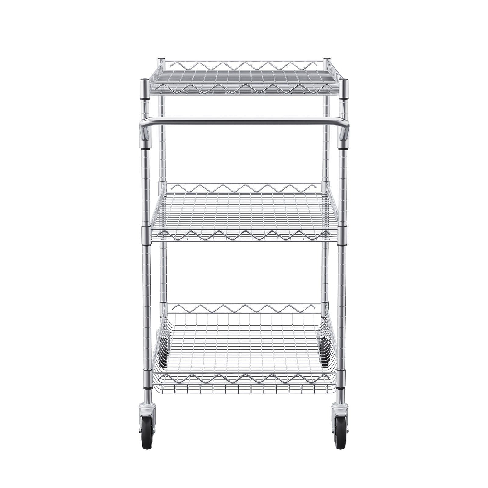 Kitchen Utility Cart, 3 Tiers, Wire Rolling Cart with 300kg Capacity, Steel Service Cart on Wheels, Metal Storage Trolley with 80mm Deep Basket Curved Handle 6 Hooks, for Indoor and Outdoor Use