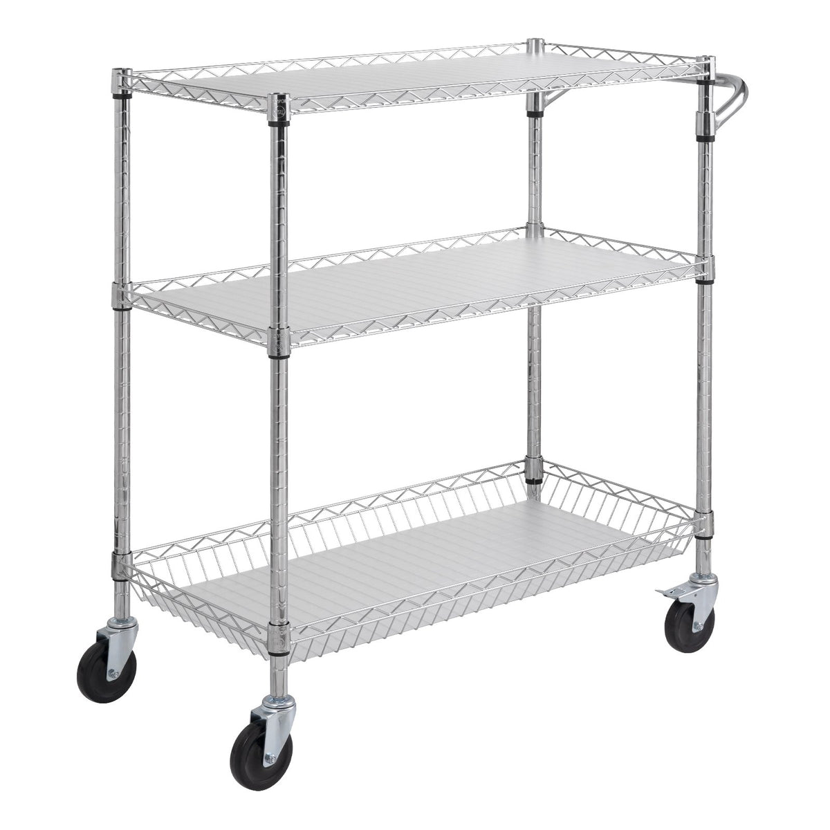 VEVOR Kitchen Utility Cart, 3 Tiers, Wire Rolling Cart, Steel Service Cart on Wheels, Metal Storage Trolley with 80mm Basket Curved Handle PP Liner 6 Hooks, for Indoor and Outdoor