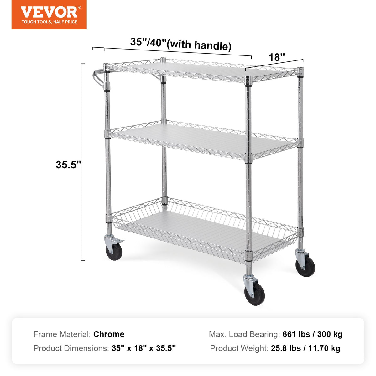 VEVOR Kitchen Utility Cart, 3 Tiers, Wire Rolling Cart, Steel Service Cart on Wheels, Metal Storage Trolley with 80mm Basket Curved Handle PP Liner 6 Hooks, for Indoor and Outdoor