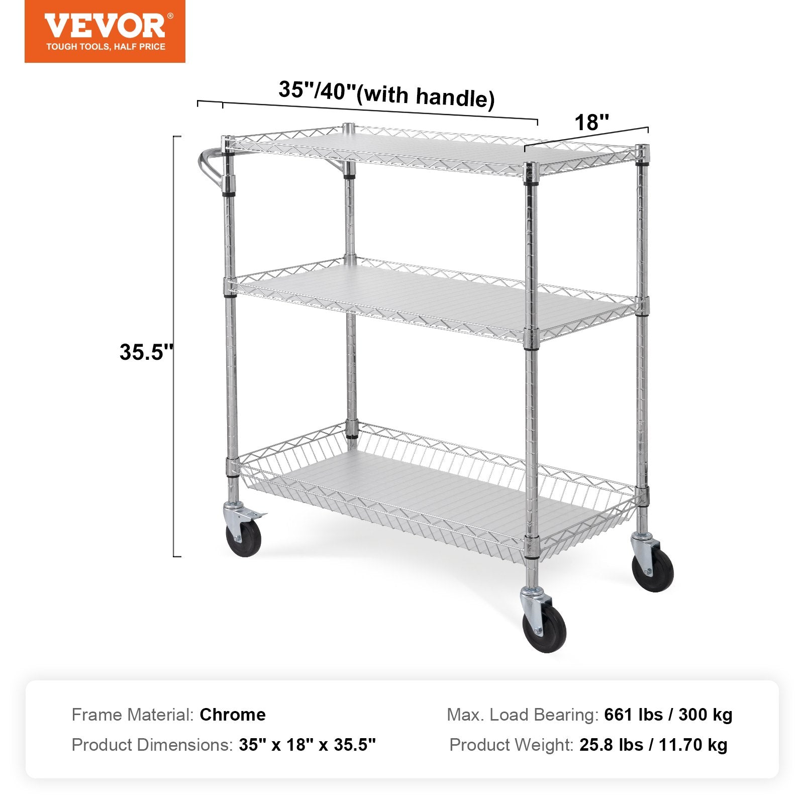 VEVOR Kitchen Utility Cart, 3 Tiers, Wire Rolling Cart, Steel Service Cart on Wheels, Metal Storage Trolley with 80mm Basket Curved Handle PP Liner 6 Hooks, for Indoor and Outdoor