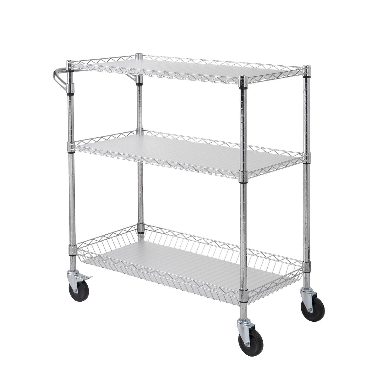 VEVOR Kitchen Utility Cart, 3 Tiers, Wire Rolling Cart, Steel Service Cart on Wheels, Metal Storage Trolley with 80mm Basket Curved Handle PP Liner 6 Hooks, for Indoor and Outdoor