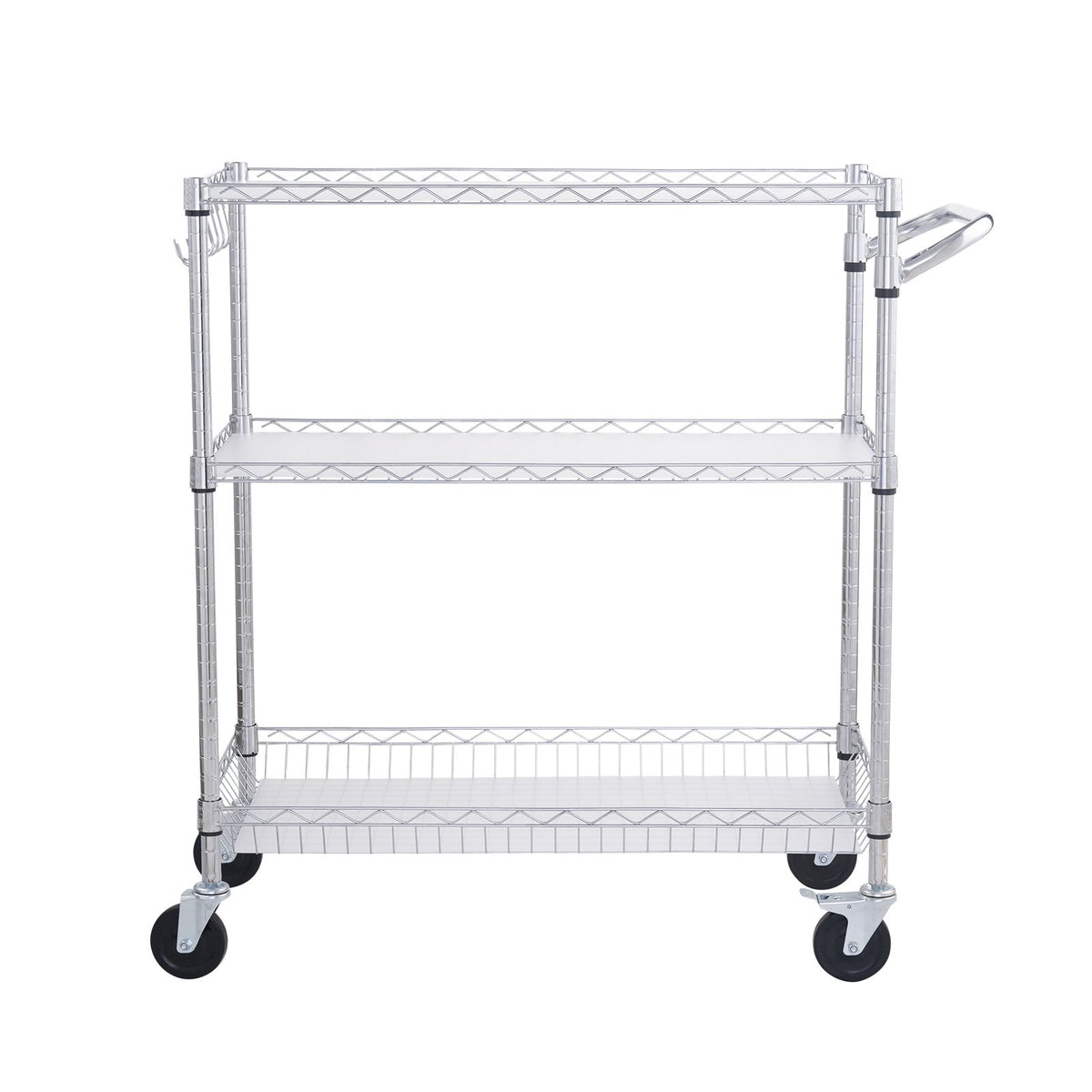 VEVOR Kitchen Utility Cart, 3 Tiers, Wire Rolling Cart, Steel Service Cart on Wheels, Metal Storage Trolley with 80mm Basket Curved Handle PP Liner 6 Hooks, for Indoor and Outdoor