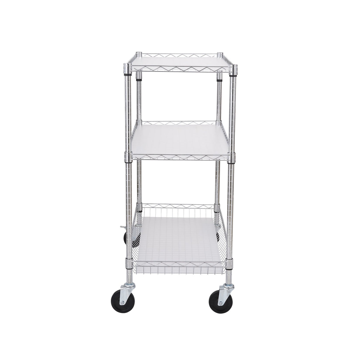 VEVOR Kitchen Utility Cart, 3 Tiers, Wire Rolling Cart, Steel Service Cart on Wheels, Metal Storage Trolley with 80mm Basket Curved Handle PP Liner 6 Hooks, for Indoor and Outdoor