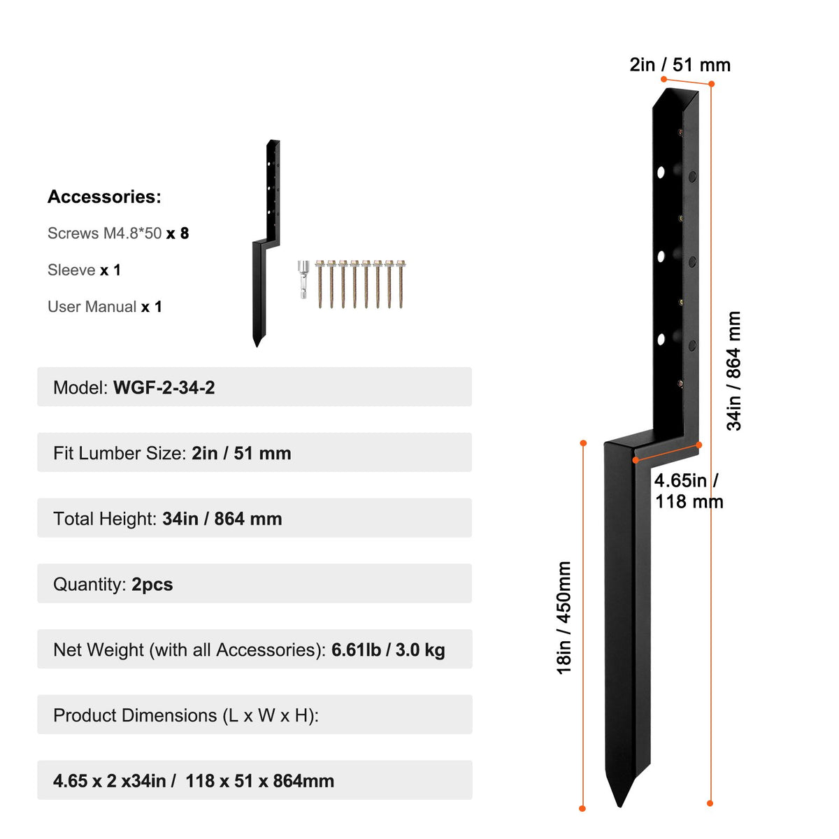 VEVOR Fence Post Anchor Repair Kit, 2 Pack Inner Diameter 5 x5 cm Heavy Duty Steel Fence Post Support Stakes, Anchor Ground Spike for Repair Tilted, Broken Wood Fence Post