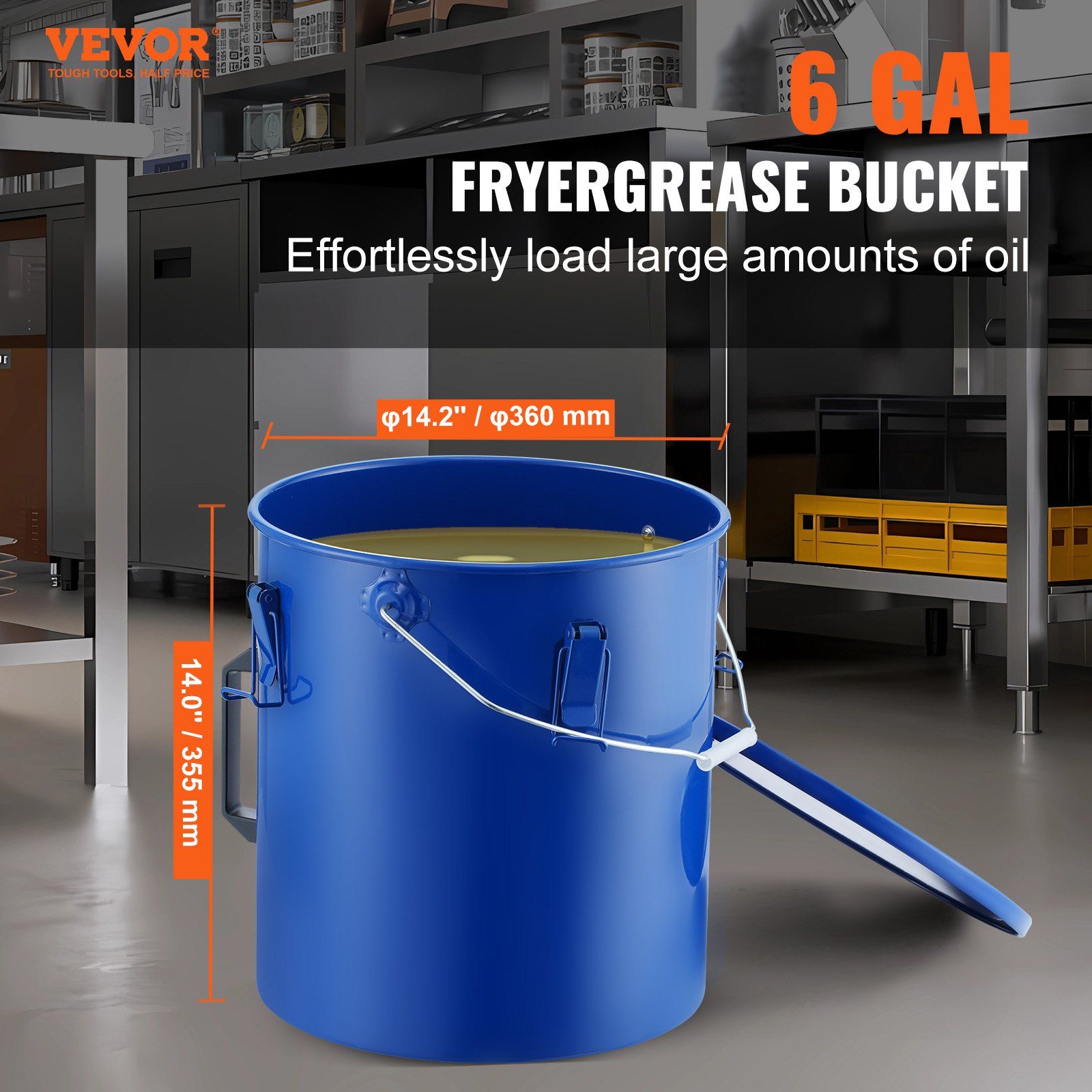 Fryer Grease Bucket, 22.7L Oil Disposal Caddy Carbon Steel Fryer Oil Bucket with Rust-Proof Coating, Oil Transport Container with Lid, Lock Clips, Filter Bag for Hot Cooking Oil Filtering, Blue