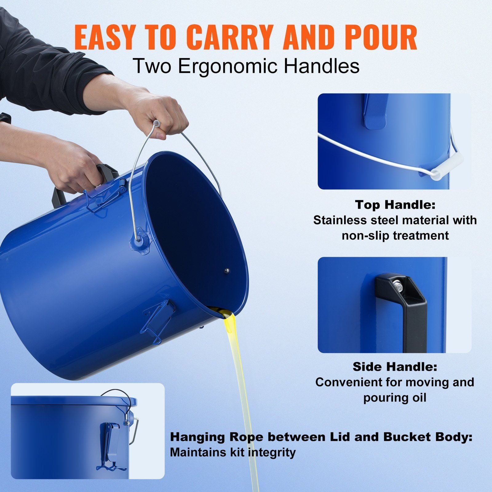 Fryer Grease Bucket, 22.7L Oil Disposal Caddy Carbon Steel Fryer Oil Bucket with Rust-Proof Coating, Oil Transport Container with Lid, Lock Clips, Filter Bag for Hot Cooking Oil Filtering, Blue