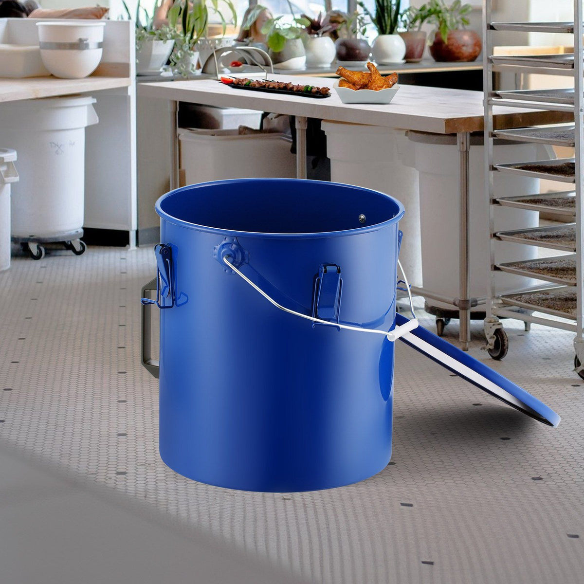 Fryer Grease Bucket, 22.7L Oil Disposal Caddy Carbon Steel Fryer Oil Bucket with Rust-Proof Coating, Oil Transport Container with Lid, Lock Clips, Filter Bag for Hot Cooking Oil Filtering, Blue