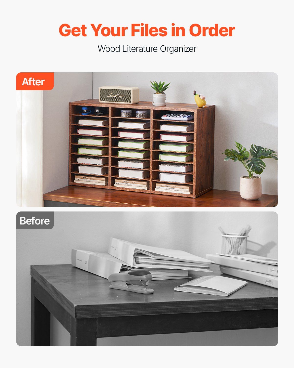 Literature Organizer, 24 Compartments Office Mailbox with Removable Shelves, Wooden Mailbox Sorter Particle Board Office Home Classroom Storage, File Sorter for Documents, Papers, Dark Brown
