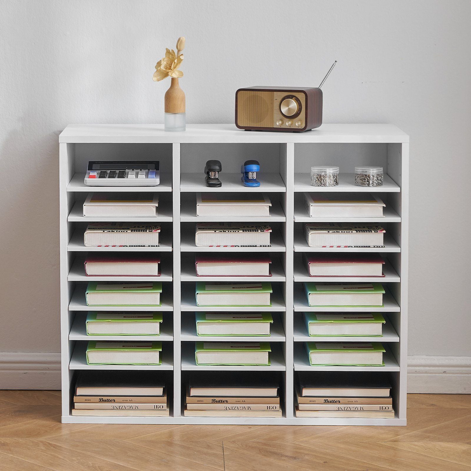 Literature Organizer, 24 Compartments Office Mailbox with Adjustable Shelves, Wooden Mailbox Sorter Medium Density Fiberboard Office Home Classroom Storage for Files, Documents, Papers, White