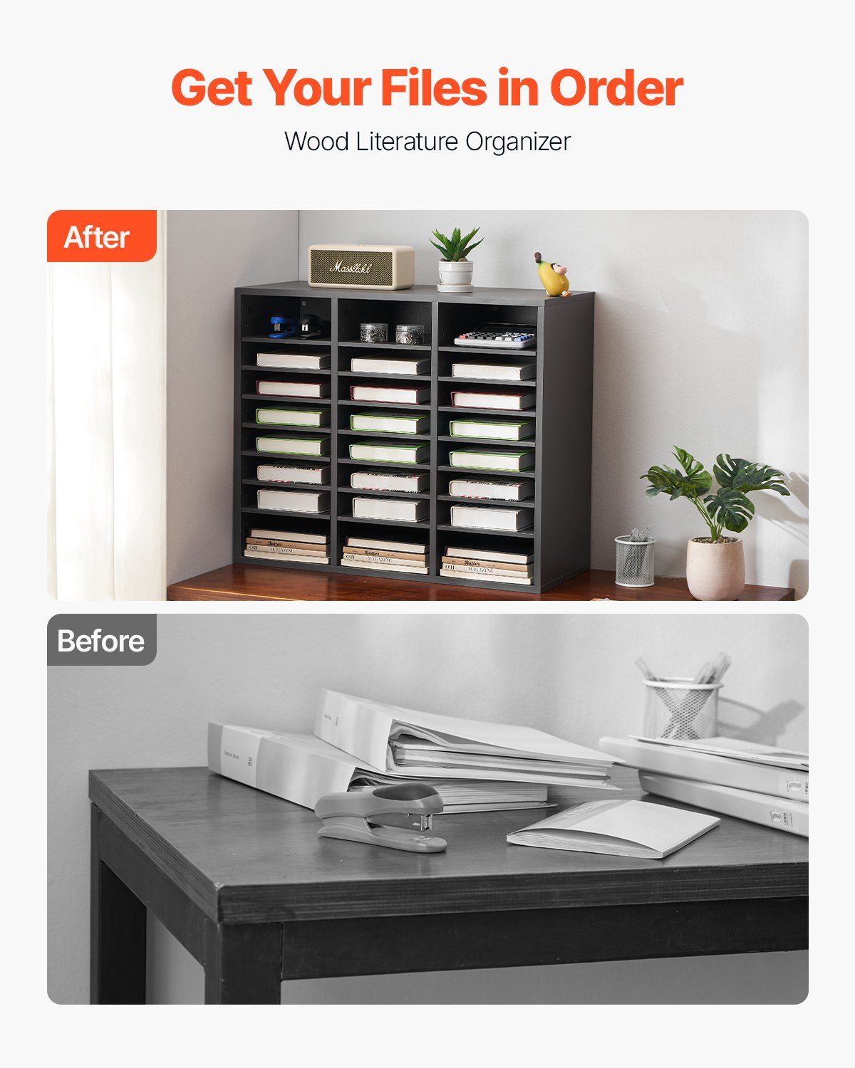 Literature Organizer, 24 Compartments Office Mailbox with Adjustable Shelves, Wooden Mailbox Sorter Medium Density Fiberboard Office Home Classroom Storage for Files, Documents, Papers, Grey