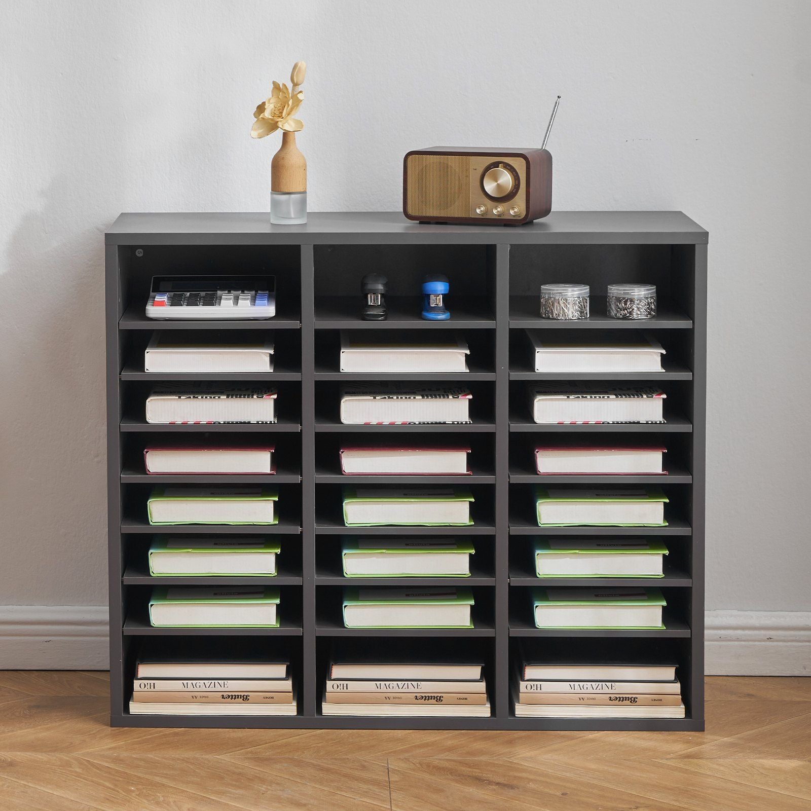 Literature Organizer, 24 Compartments Office Mailbox with Adjustable Shelves, Wooden Mailbox Sorter Medium Density Fiberboard Office Home Classroom Storage for Files, Documents, Papers, Grey