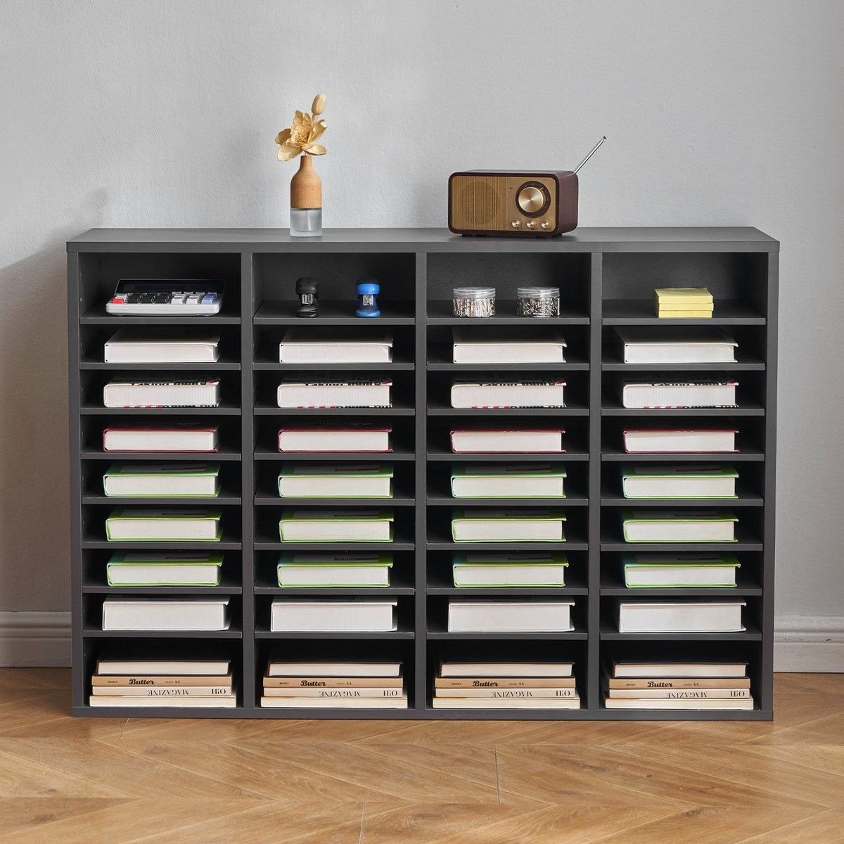 Literature Organizer, 36 Compartments Office Mailbox with Adjustable Shelves, Wooden Mailbox Sorter Medium Density Fiberboard Office Home Classroom Storage for Files, Documents, Papers, Grey
