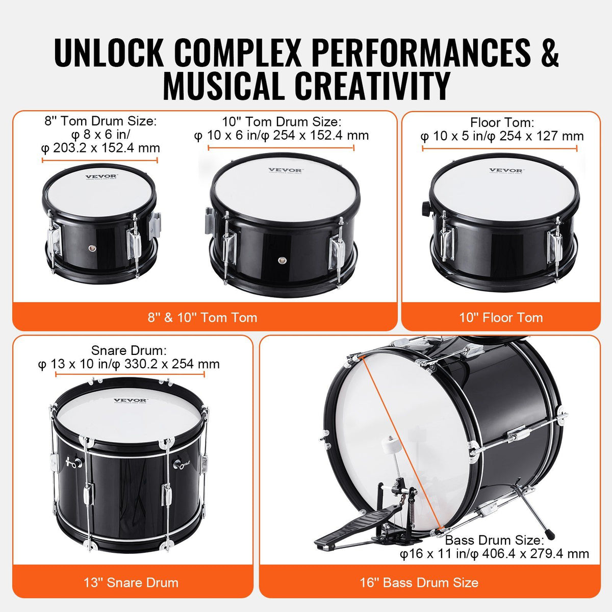 Kids Drum Set, 5-Piece, 406.4 mm Beginner Full Drum Set with Bass Toms Snare Floor Drum Adjustable Throne Cymbal Hi-Hat Pedal and Two Pairs of Drumsticks, Starter Drum Kit for Child Kids, Black