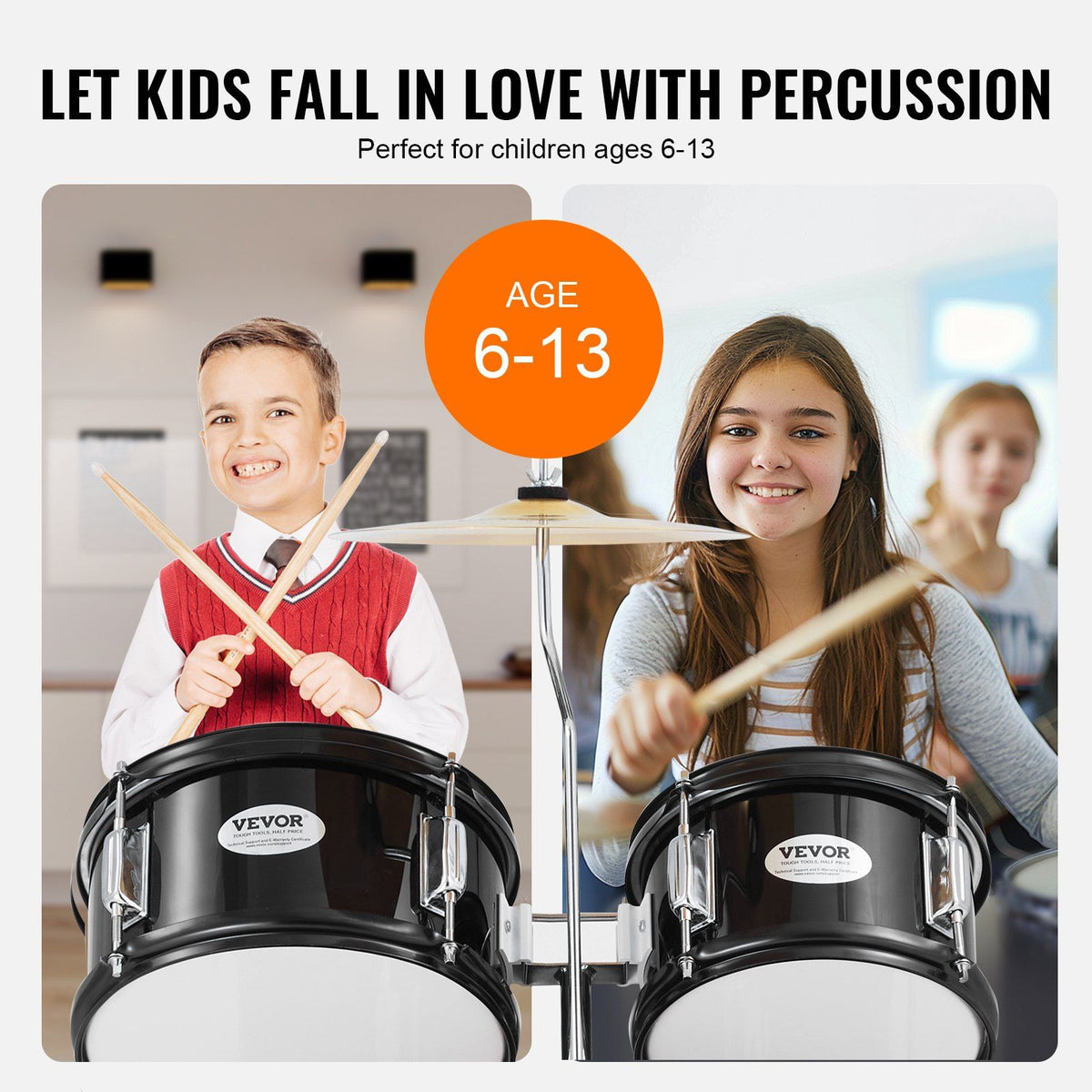 Kids Drum Set, 5-Piece, 406.4 mm Beginner Full Drum Set with Bass Toms Snare Floor Drum Adjustable Throne Cymbal Hi-Hat Pedal and Two Pairs of Drumsticks, Starter Drum Kit for Child Kids, Black