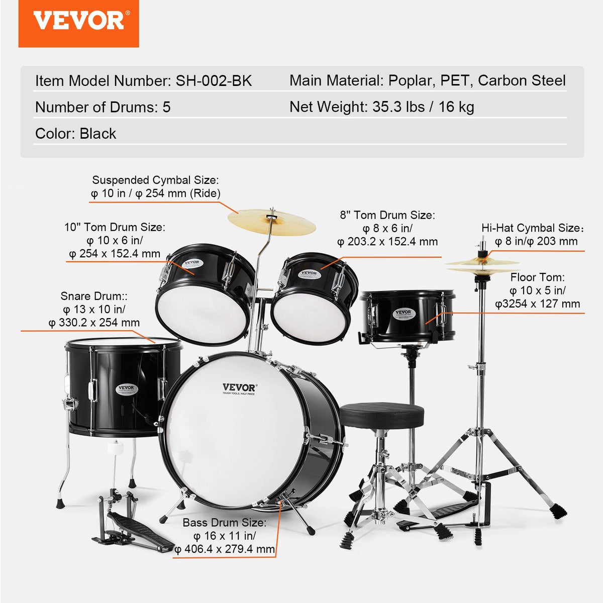 Kids Drum Set, 5-Piece, 406.4 mm Beginner Full Drum Set with Bass Toms Snare Floor Drum Adjustable Throne Cymbal Hi-Hat Pedal and Two Pairs of Drumsticks, Starter Drum Kit for Child Kids, Black