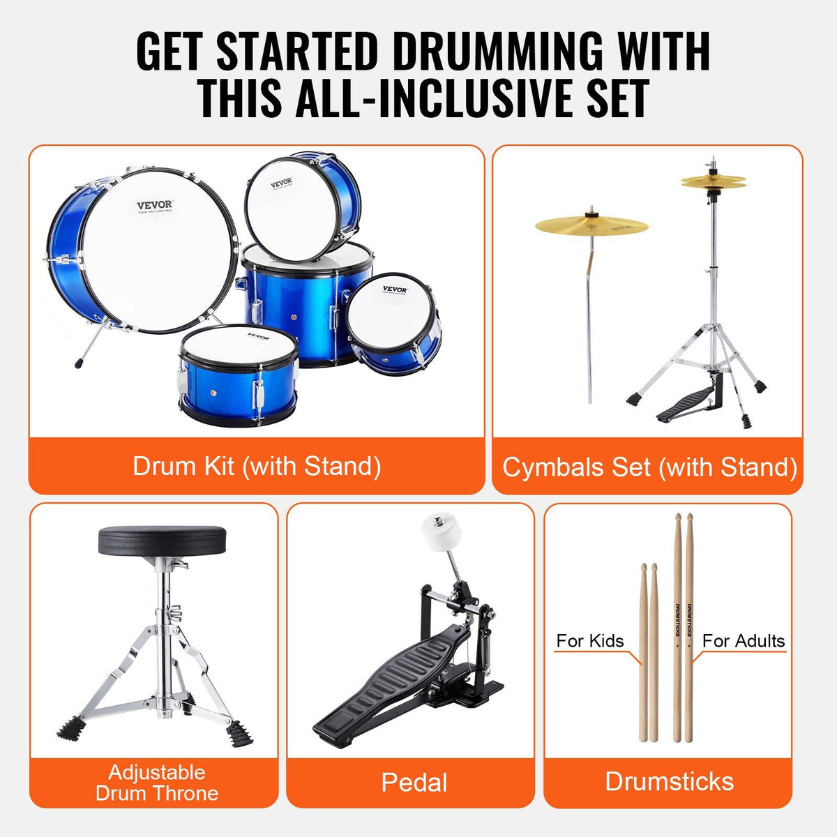 Kids Drum Set, 5-Piece, 406.4 mm Beginner Full Drum Set with Bass Toms Snare Floor Drum Adjustable Throne Cymbal Hi-Hat Pedal and Two Pairs of Drumsticks, Starter Drum Kit for Child Kids, Blue