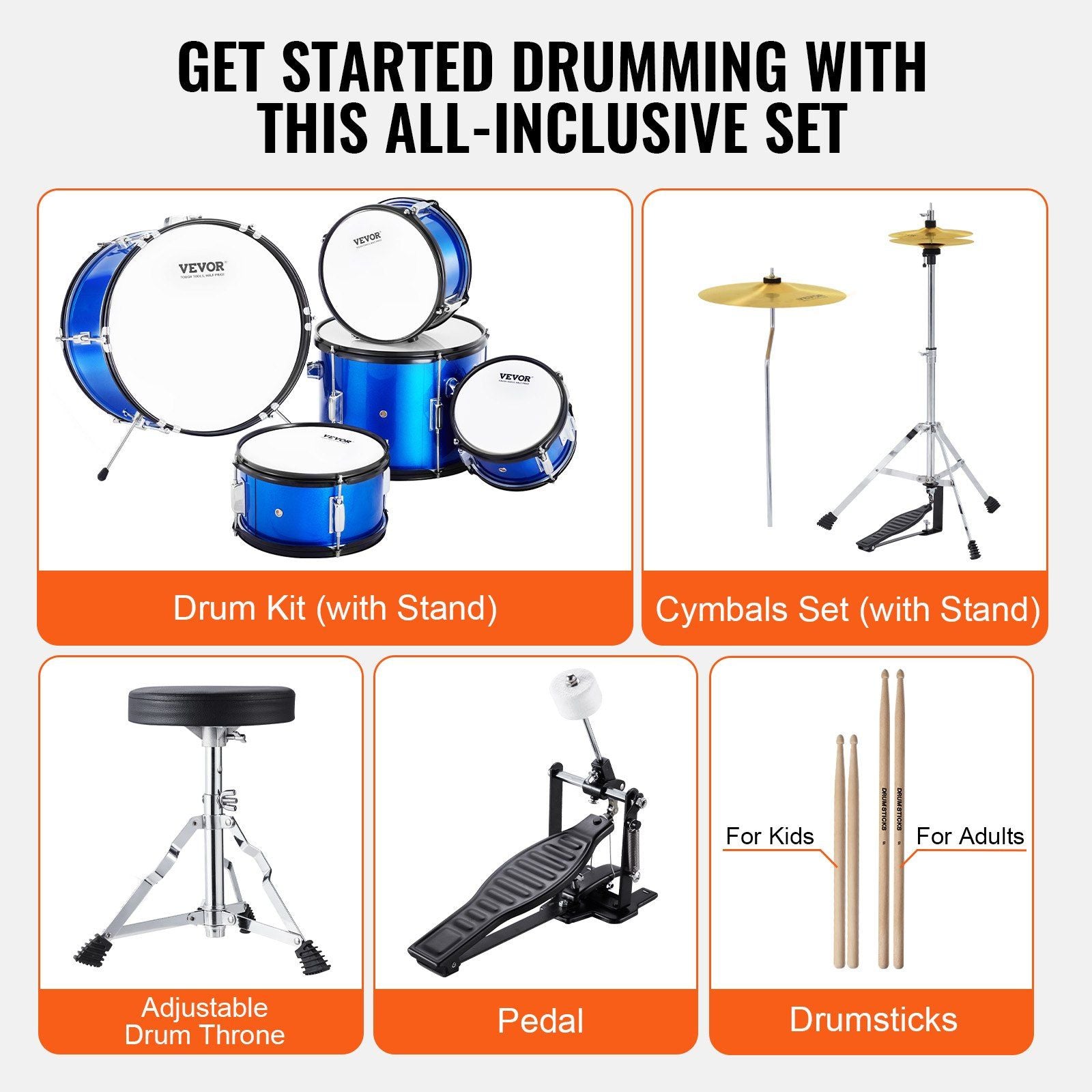 Kids Drum Set, 5-Piece, 406.4 mm Beginner Full Drum Set with Bass Toms Snare Floor Drum Adjustable Throne Cymbal Hi-Hat Pedal and Two Pairs of Drumsticks, Starter Drum Kit for Child Kids, Blue