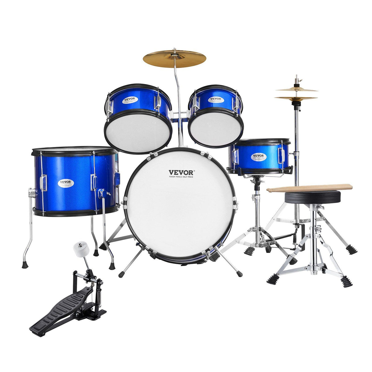 Kids Drum Set, 5-Piece, 406.4 mm Beginner Full Drum Set with Bass Toms Snare Floor Drum Adjustable Throne Cymbal Hi-Hat Pedal and Two Pairs of Drumsticks, Starter Drum Kit for Child Kids, Blue