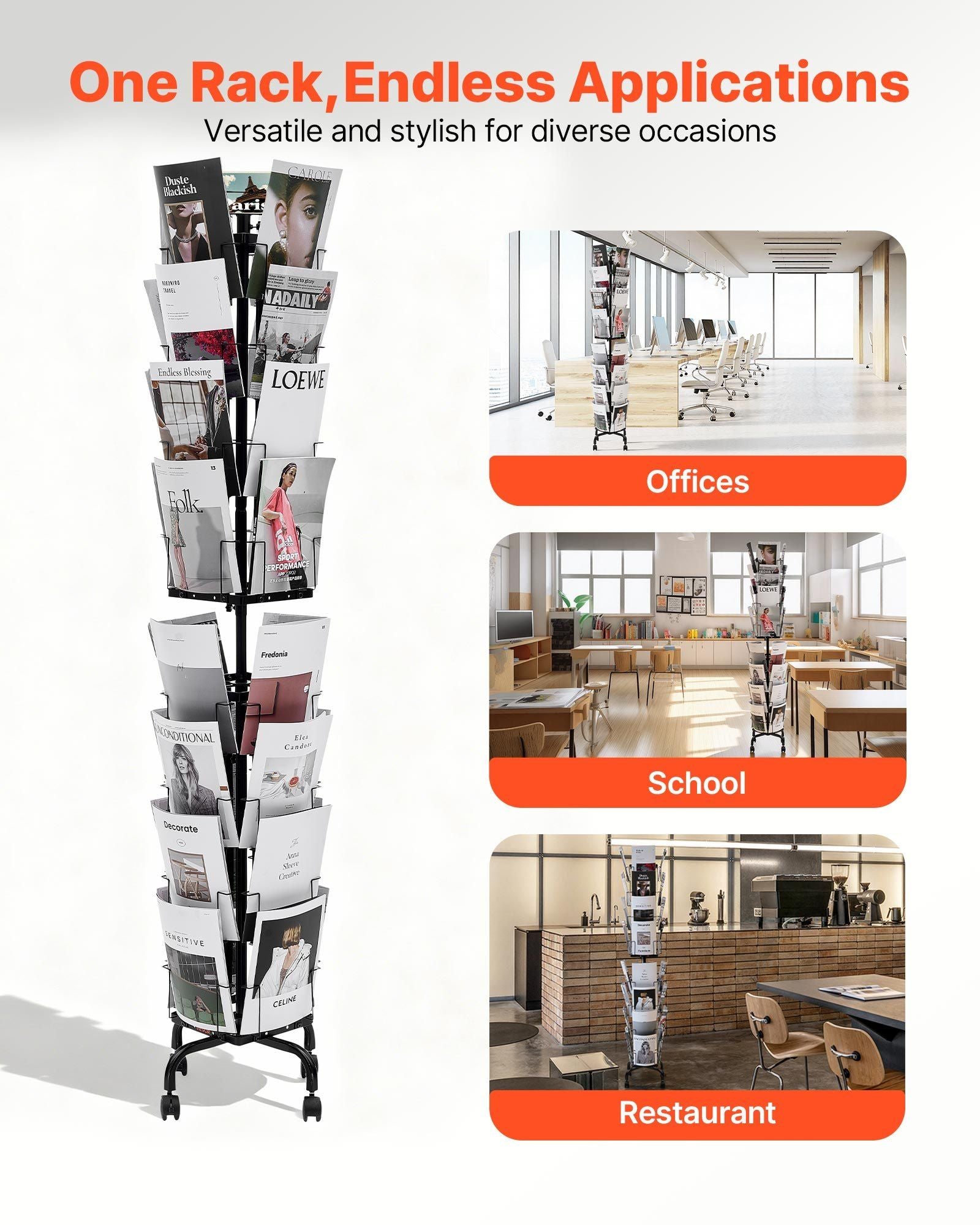 Greeting Cards Display Rack, 32 Pockets Rotating Postcard Brochure Display Stand, 360° Spinning Card Display Rack with Sign Holder & 4 Wheels (2 Lockable) for Exhibitions Office Trade Show