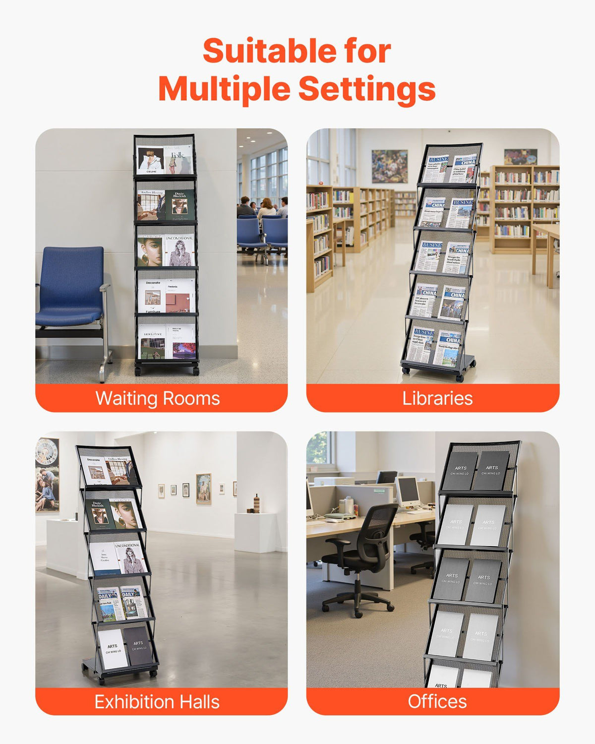 Brochure Display Rack, Foldable 5 Pockets Magazine Literature Display Stand, Movable Floor Standing Magazine Rack with Wheels, Metal Newspaper Catalog Holders for Shop Exhibitions Office Show