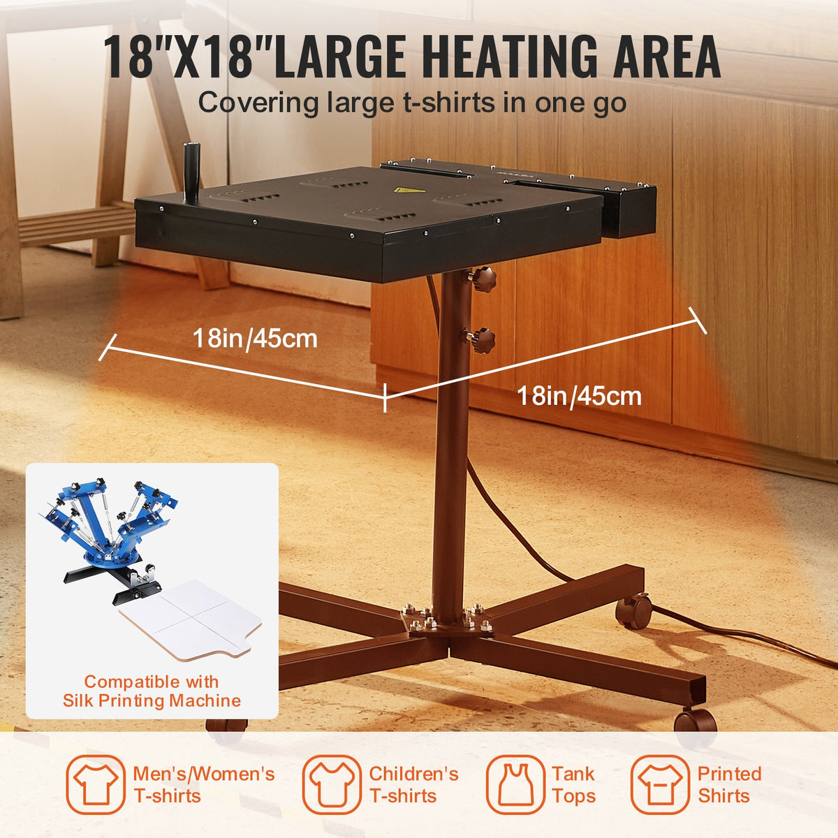 VEVOR Flash Dryer, 18 x 18 inch Flash Dryer for Screen Printing, 0-750℉ Temperature Control, High Power Silk Screen Printing Dryer with Height Adjustable Stand, 360° Rotation, T-Shirt Curing Machine