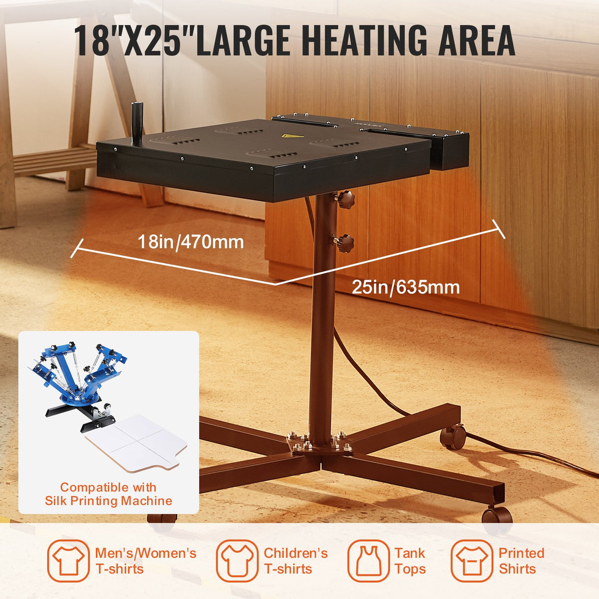 VEVOR Flash Dryer, 18 x 25 inch Flash Dryer for Screen Printing, 0-750℉ Temperature Control, High Power Silk Screen Printing Dryer with Height Adjustable Stand, 360° Rotation, T-Shirt Curing Machine