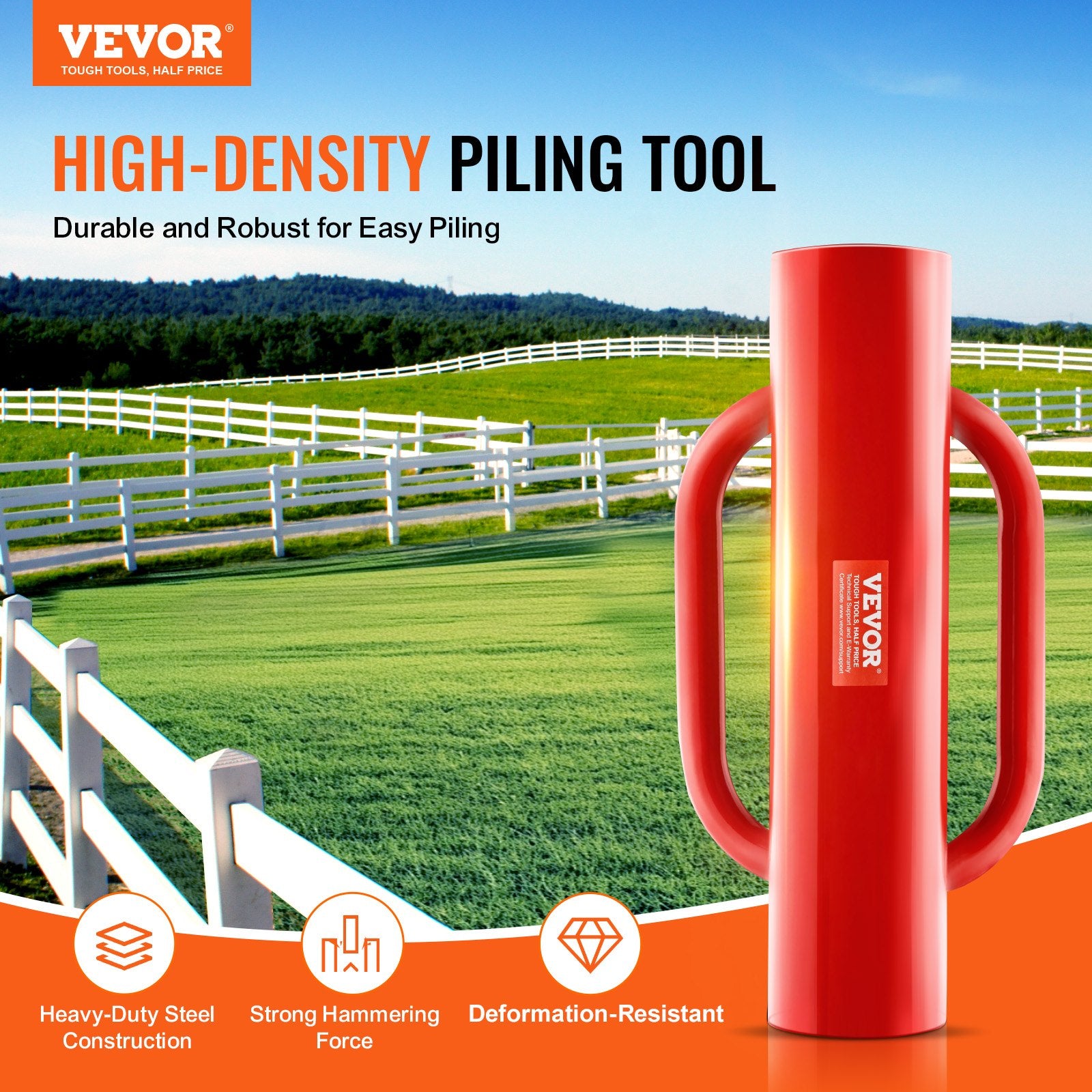 VEVOR Fence Post Driver with Handles, 2.7 in Inner Diameter T Post Pole Pounder, 14LB Heavy Duty Carbon Steel Hand Post Rammer, Farm Fencing Hole Digger for U Channel, Sign Pole, Wooden Post, Red
