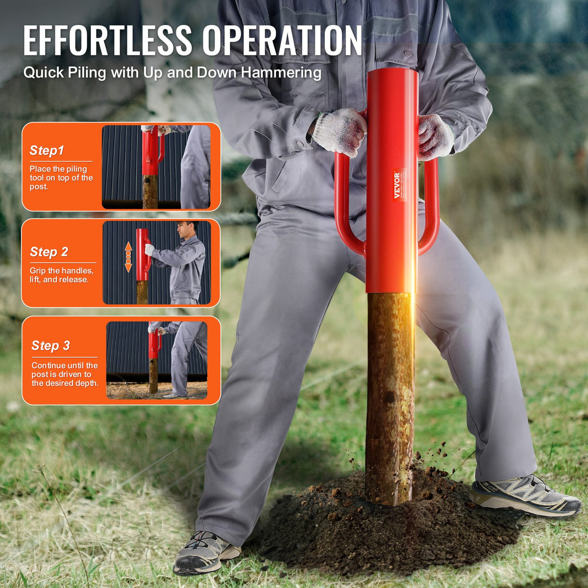 VEVOR Fence Post Driver with Handles, 2.7 in Inner Diameter T Post Pole Pounder, 14LB Heavy Duty Carbon Steel Hand Post Rammer, Farm Fencing Hole Digger for U Channel, Sign Pole, Wooden Post, Red