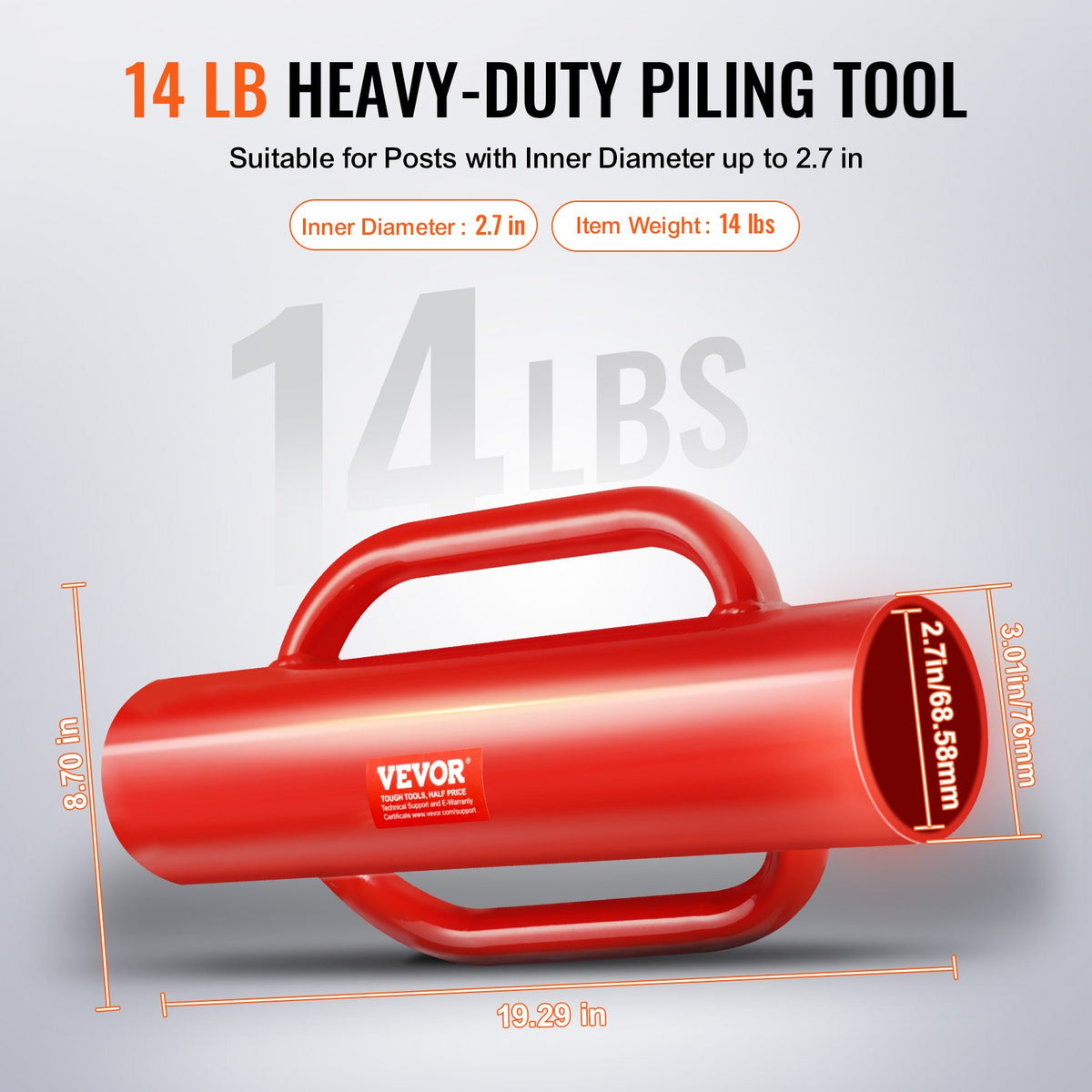 VEVOR Fence Post Driver with Handles, 2.7 in Inner Diameter T Post Pole Pounder, 14LB Heavy Duty Carbon Steel Hand Post Rammer, Farm Fencing Hole Digger for U Channel, Sign Pole, Wooden Post, Red