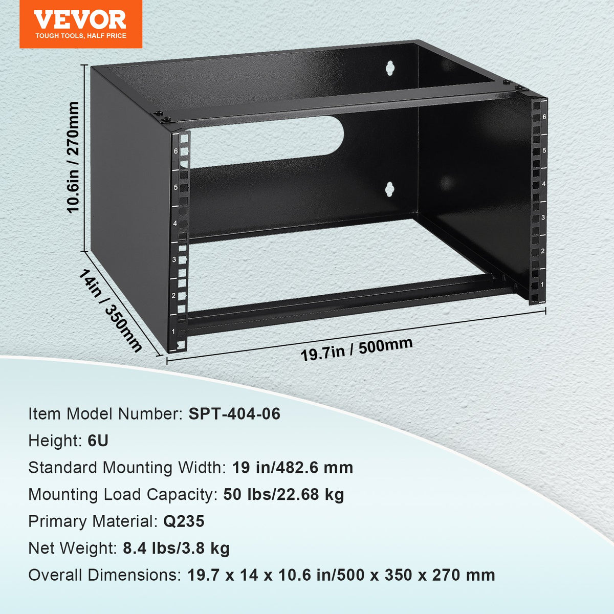 VEVOR 6U Wall Mount Network Rack, 14 in/355.6 mm Depth, 50 lbs/22.68 kg Max Weight Capacity Wall Mount Server Rack with Cage Nuts, 19"/482.6 mm for Shallow Server IT Equipment and Network Switches