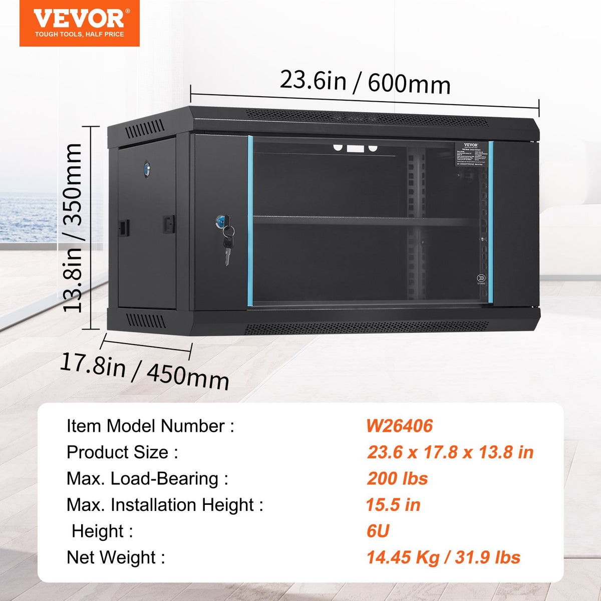 VEVOR 6U Wall Mount Network Server Cabinet, 15.5'' Deep, Server Rack Cabinet Enclosure, 200 lbs Max. Ground-mounted Load Capacity, with Locking Glass Door Side Panels, for IT Equipment, A/V Devices