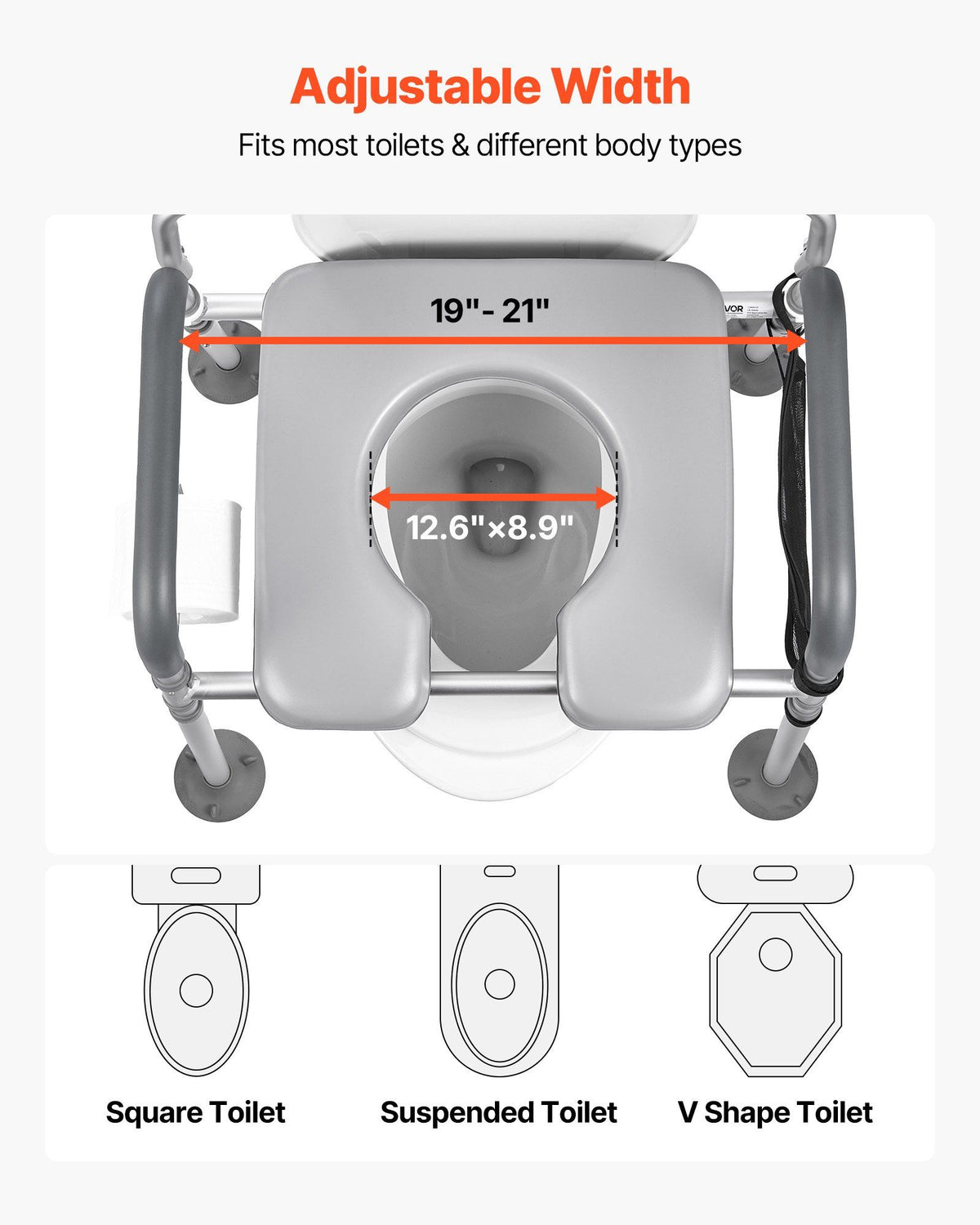 Bedside Commode Chair, 227 kg Capacity, 4-in-1 Portable Toilet and Raised Toilet Seat with Padded Seat & Backrest, Detachable 5L Bucket, Adjustable Height & Width Adult Potty Chair for Seniors