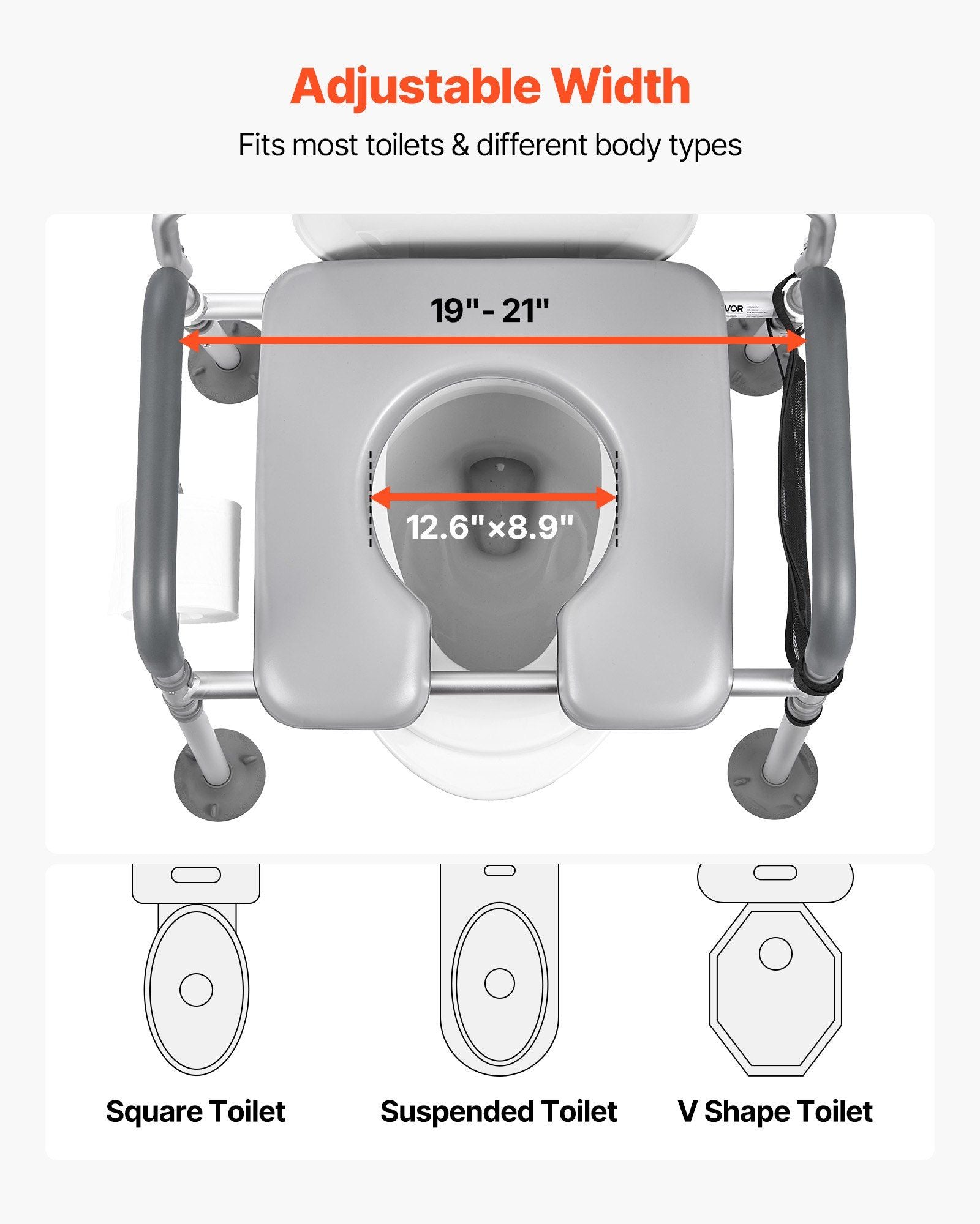Bedside Commode Chair, 227 kg Capacity, 4-in-1 Portable Toilet and Raised Toilet Seat with Padded Seat & Backrest, Detachable 5L Bucket, Adjustable Height & Width Adult Potty Chair for Seniors