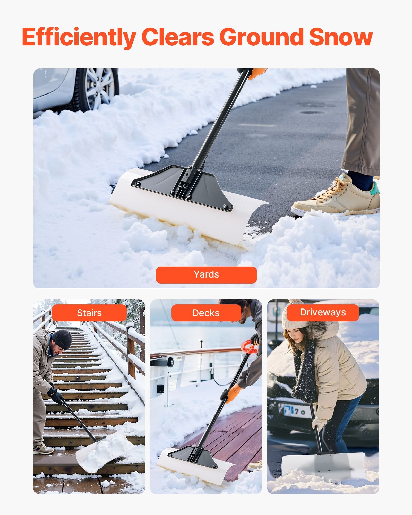 VEVOR Snow Pusher Shovel, 61 cm Wide Outdoor Snowplow Shovel with Ergonomic Grip, HDPE Plastic Blade, Winter Shovels with Segmented Handle, Portable Snow Removal Tool for Driveway Garden Camping