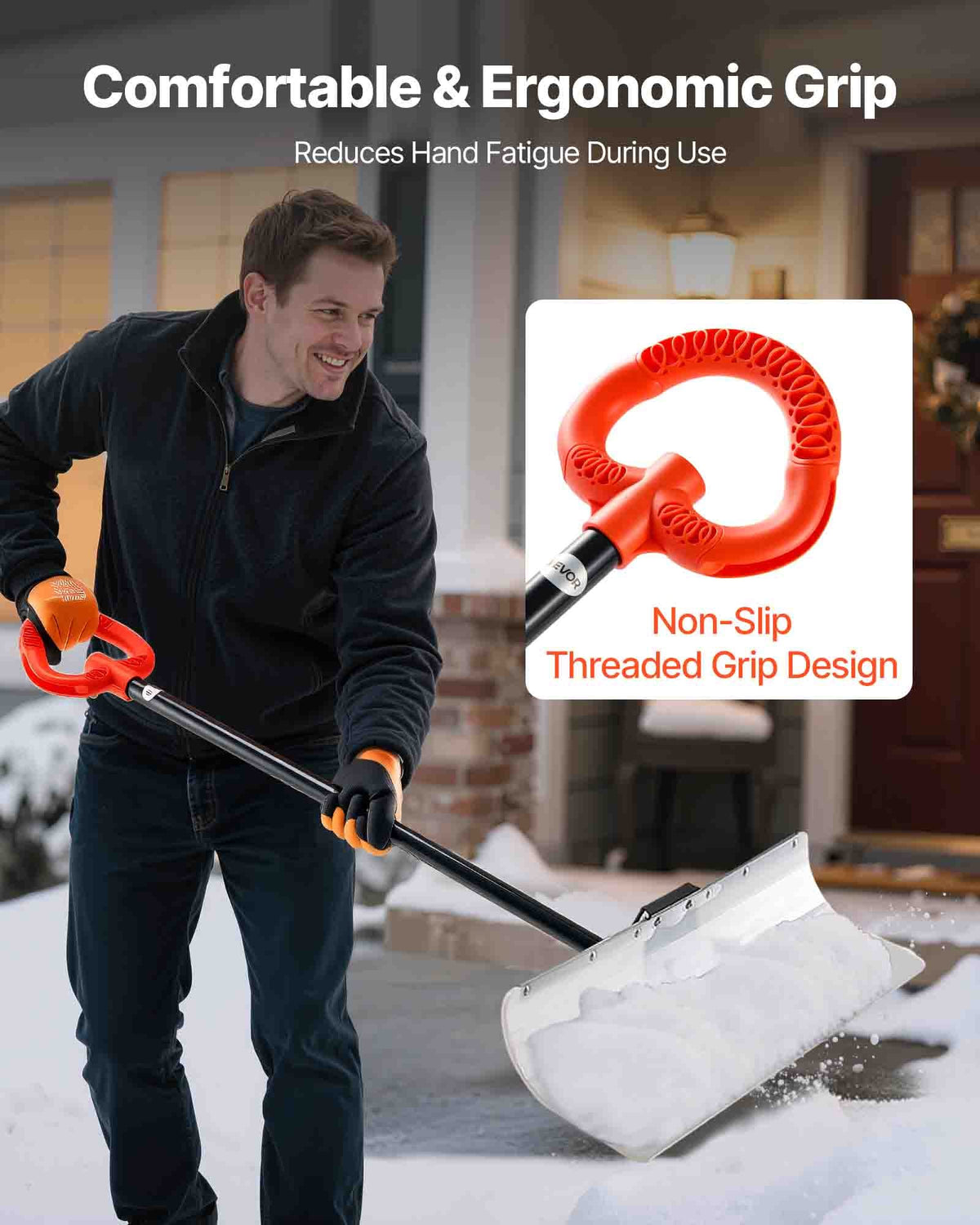 VEVOR Snow Pusher Shovel, 76.2 cm Outdoor Snowplow Shovel with Ergonomic Grip, HDPE Plastic Blade, Winter Shovels with Segmented Handle, Metal Edged Strip, Portable Snow Removal Tool for Driveway