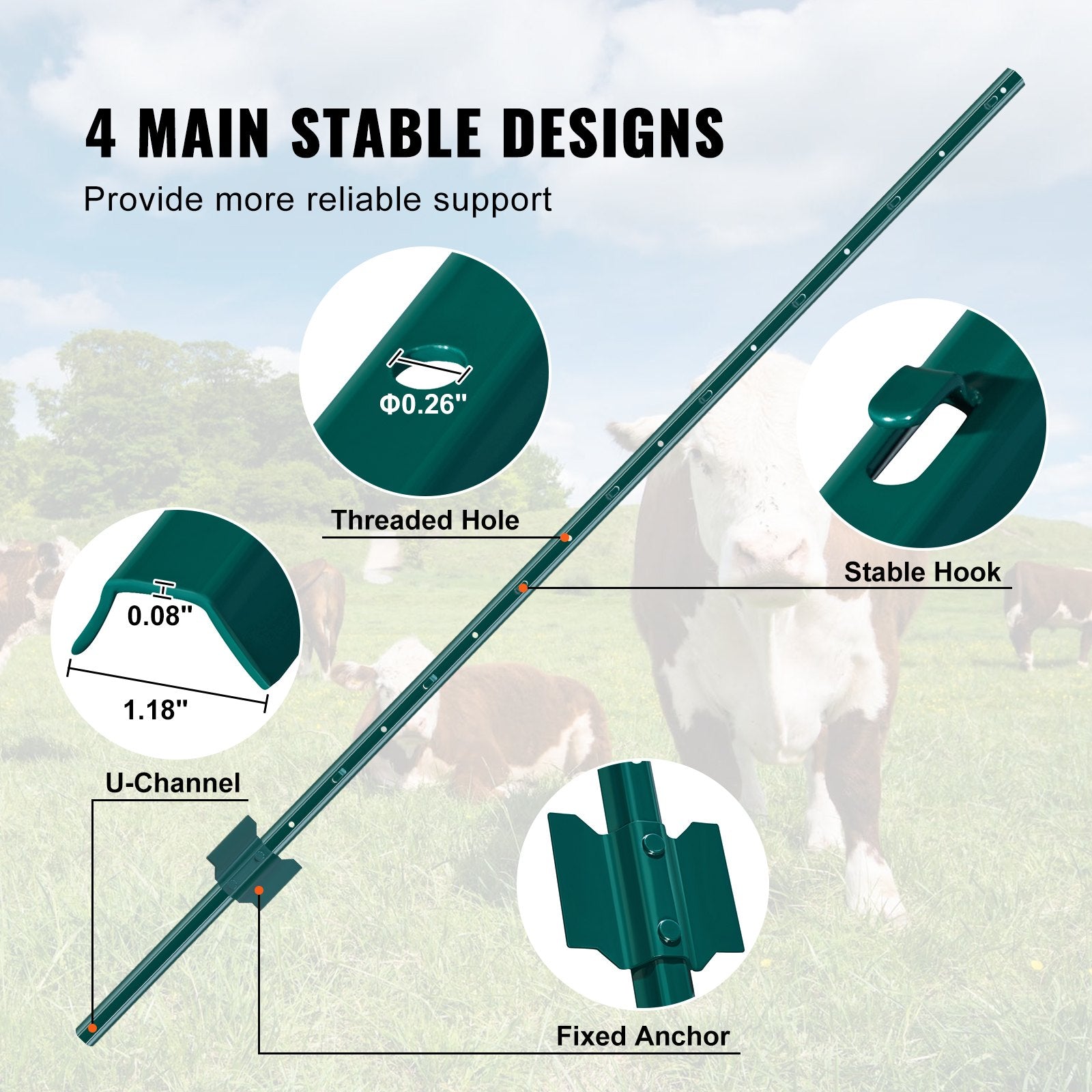 VEVOR 5 Feet Fence Post 10 Pack T-Post Heavy Duty Metal Fence Posts Green