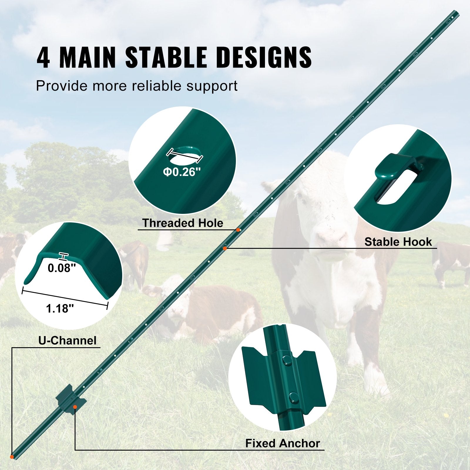 VEVOR 7 Feet Fence Post, 10 Pack U-Channel Heavy Duty Metal Fence Posts, Sturdy Steel Fence Stakes for Garden Yard, Lawn, Farms and Outdoor Wire Fencing, Green